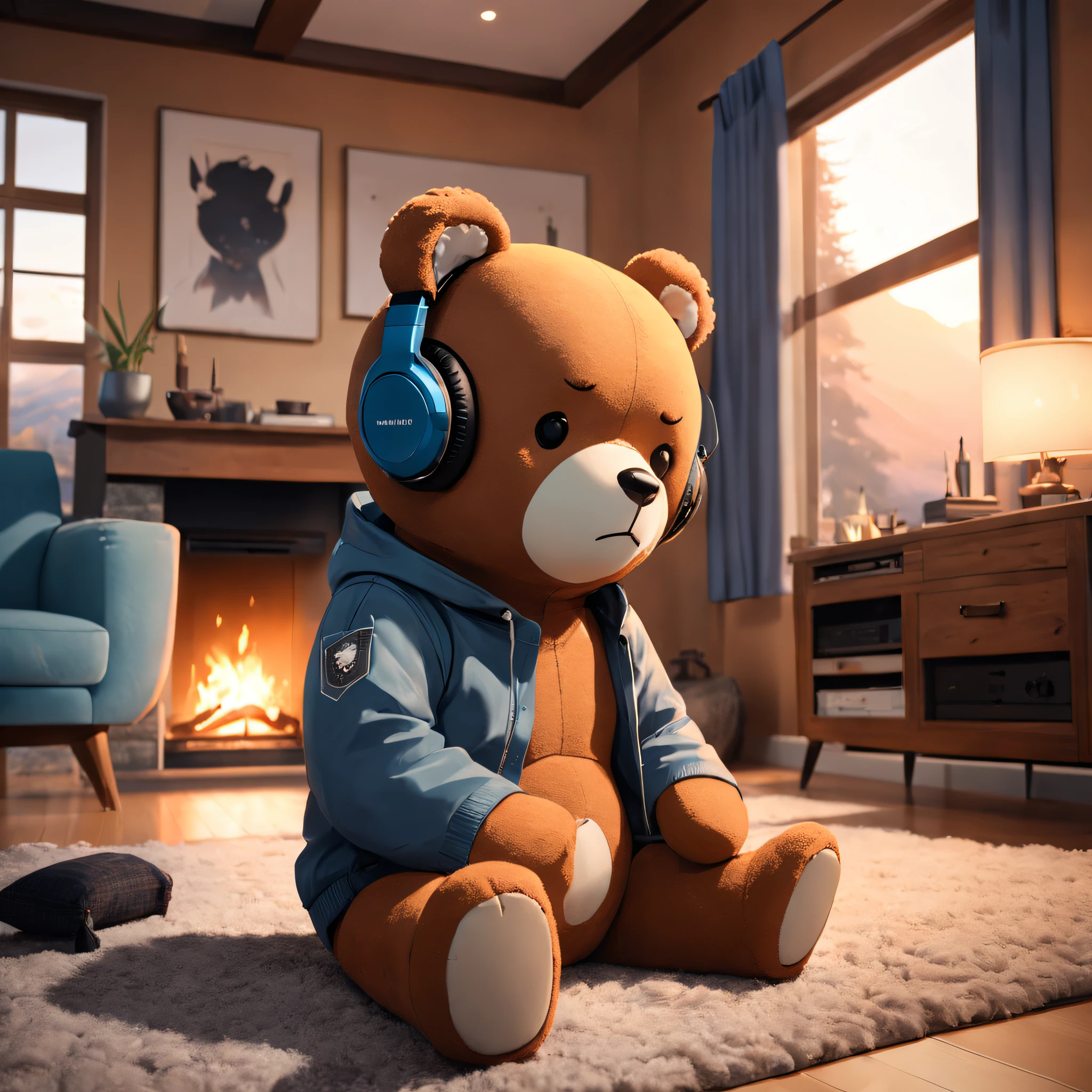 a close up of a living room with a teddy bear listening to headphones, wearing head phones, modern rustic, warm living room, integrated in the mountains, cozy living room, cozy living room interior, cozy contemporary living room, sitting in rural living room, warm interiors, warm interior, cozy living room background, soothing and cozy landscape, fire place roaring, fireplace, warm fireplace,
