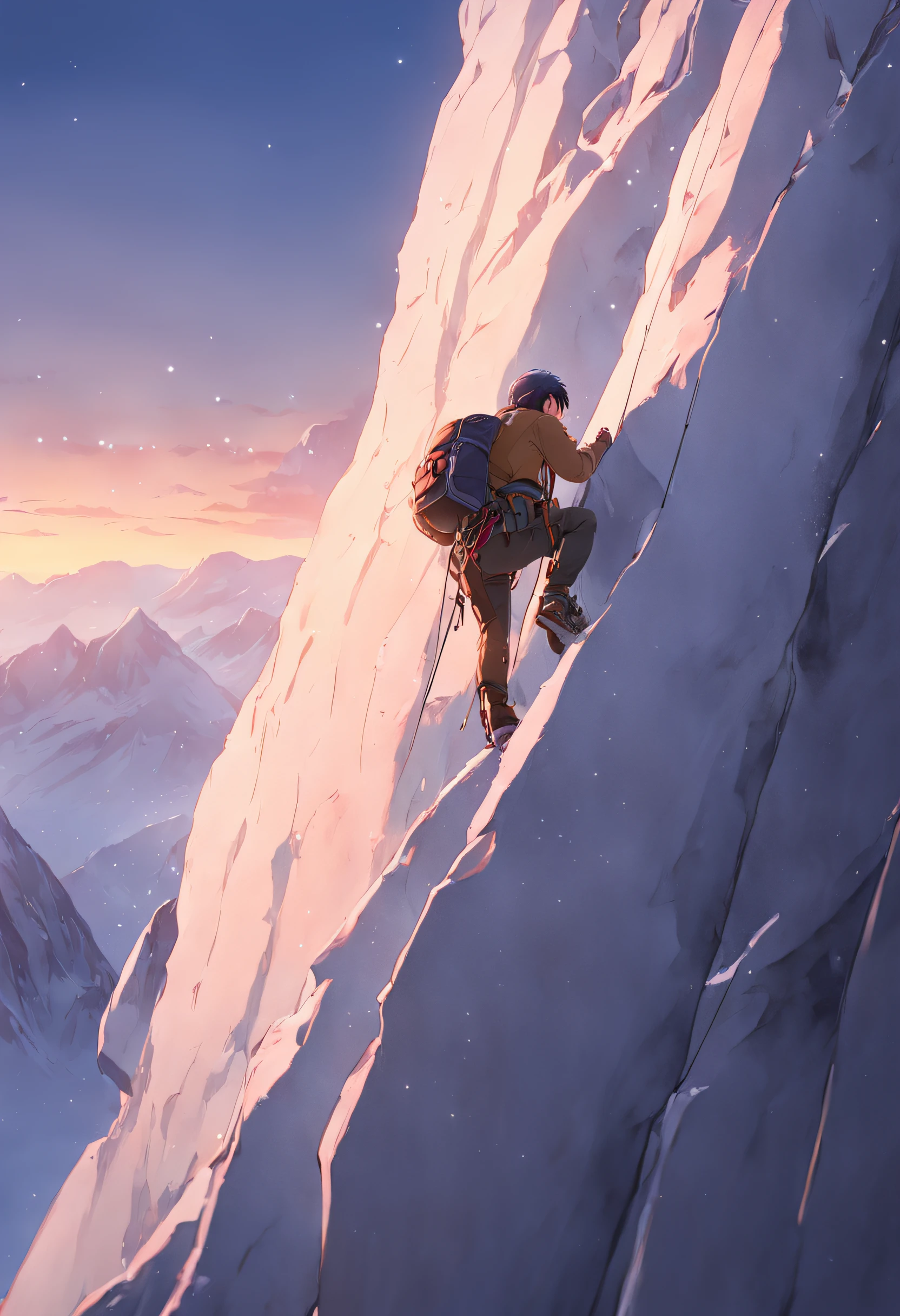 (((extreme realistic skin detail)))  (masterpiece, highest quality), (realistic, photo_realistic:1.9), ((Photoshoot))  a young climber scaling a vertical mountain wall at dawn. In the background, majestic snow-covered mountains are visible. The framing of the photograph is medium, focusing on the young climber and part of the snowy mountain. The photograph will be taken using a medium format camera. The desired film simulation is 'Vintage Desaturated Style'. A standard lens will be used to achieve a natural and balanced perspective. Soft dawn light will illuminate the scene, highlighting its serenity. sharp focus, 8k, UHD, high quality, frowning, intricate detailed, highly detailed, hyper-realistic"