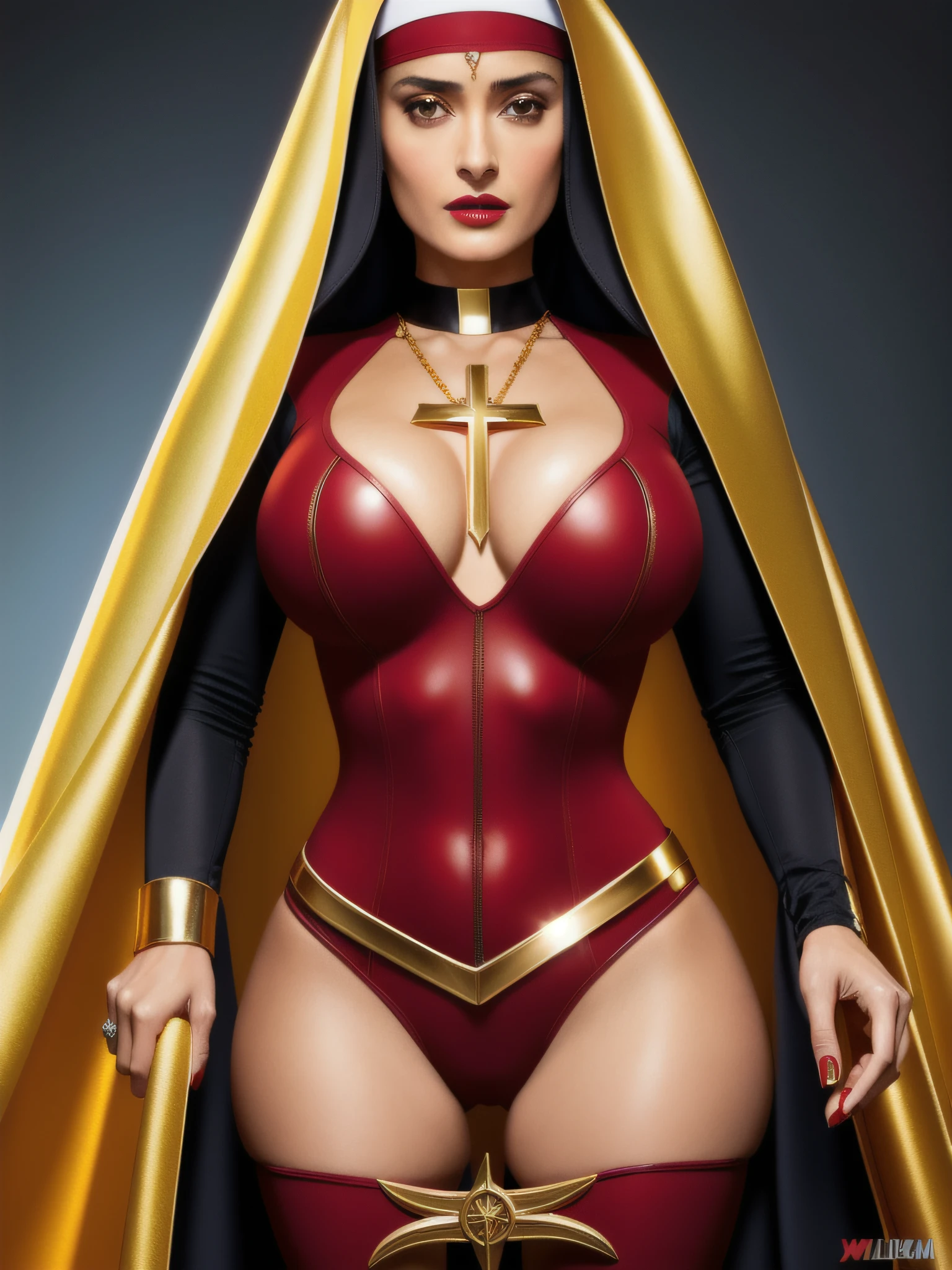 Salma Hayek, ginger hair,(stylish bob haircut), (natural big breasts), wearing ((warrior nun), superhero tight suit)1.2, (cleavage with gold Christian-cross necklace between natural boobs)1.4, (red lips lipstick), Realistic, perfect lighting, hyper realistic