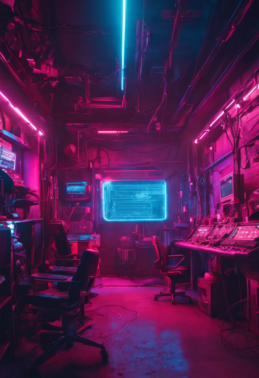 Cyberpunk workshop with blue neon lighting