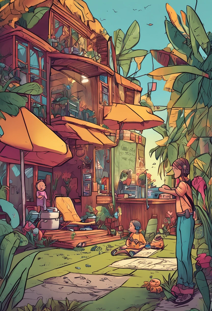 Generate a prompt with 4 children (2 meninas e 2 meninos), em casa, usando um tablet e celulares