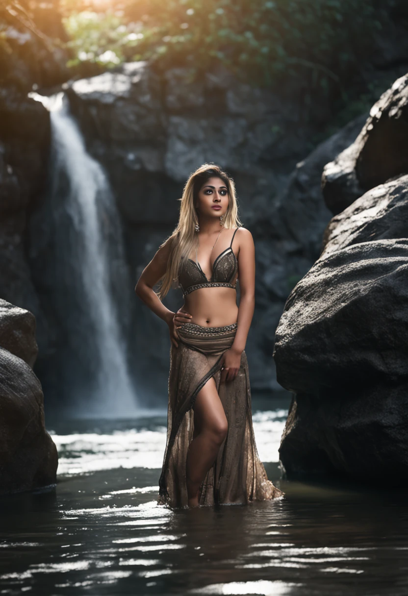 ((18 year old , sexy indian girl in sharee in a waterfall, )) ,(( black bra write blouse :1.1 )), ,((huge brest :1.5 and deep cleavase :1.1)) ,8k, RAW photo, ((full body shot)), (highly detailed skin:1.2), (exposed:1.5), (exposed breasts:1.5), (exposed back:1.5), (exposed shoulders:1.1), (exposed crotch:1.5), (big boobs :1.5), (cleavase exposed:1.1), photography, masterpiece, best quality,dark grey background,(a beautiful asian indian girl with beautiful black eyes, gorgeous light blonde hair, white skin, Huge soft breasts and beautiful abs, blonde pubic hair, natural lip color), various pose, Ultra-detailed face, Detailed eyes, ((No closeup)), ((outdoors)), (Rain, Street: 1.2)