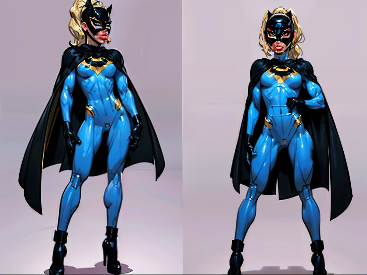 ((masterpiece)),(((best quality))),((character design sheet)), ((full body view)) illustration,1girl, muscular, ((blue bodysuit:1.5)), (masked face:1.6) superhero, (black ponytail:1.4), (puffy lips:1.6) (black cape:1.4) beautiful woman, (small breasts:1.3)(black legs:1.3)shiny skin, (gold emblem on chest:1.2),scribbles and marks, rough sketches, pose, 8k,16k, (simple background, white background: 1.3)