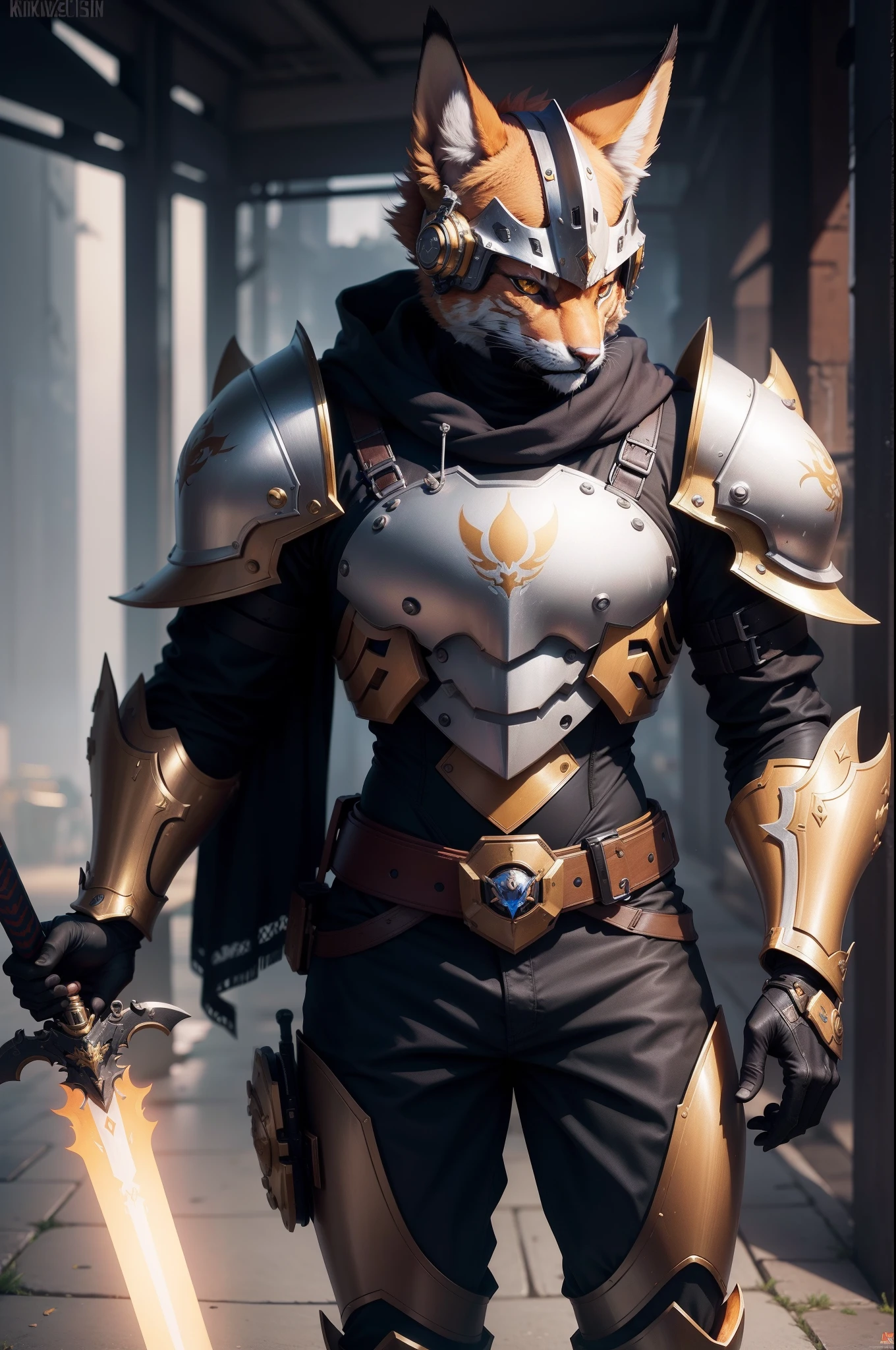 Image of a man in a fetish armor with a sword, Ein anthropomorpher Cyberpunk-Fuchs, kitsune inspired armor, Wearing golden cat armor, als Overwatch-Charakter, Caracal Cyborg, Husky in shining armor, Auf ArtStation 4K im Trend, The Knight of the Golden Cat Armor, von Lisa Nankivil, Auf ArtStation HD im Trend