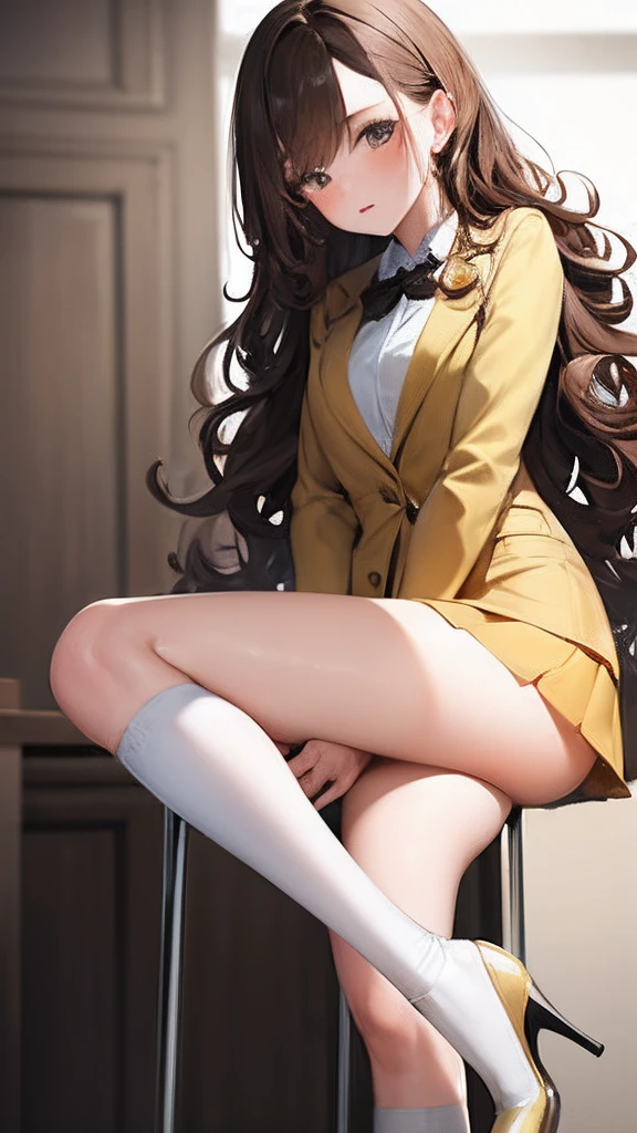 (Masterpiece, best quality), 1girl, solo, brown hair, curly hair, long hair, hazel eyes, yellow blazer, white undershirt, yellow miniskirt, white kneehighs, black high heels