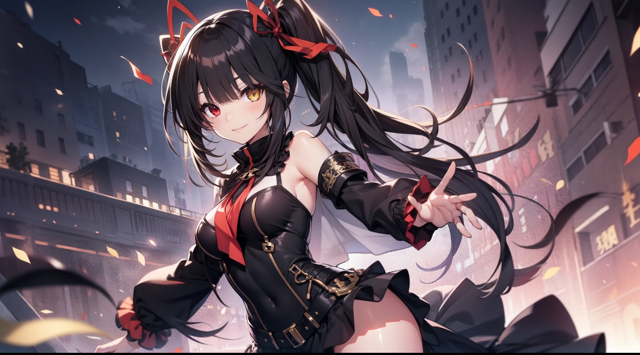 1 girl, black hair, black clothes for legs, dress, heterochromia, long hair, looking at the lens, medium brow, red eye, smile, solo, navels in the form of characters, hips, tokisaki kurumi, two ponytails, yellow eyes, ((mastepiece)), ((Best Quality)), (Ultra-detailed), ((Extremely detailed)), 4K, (8K), Best Quality, tokisaki kurumi, Anime style, Full body,