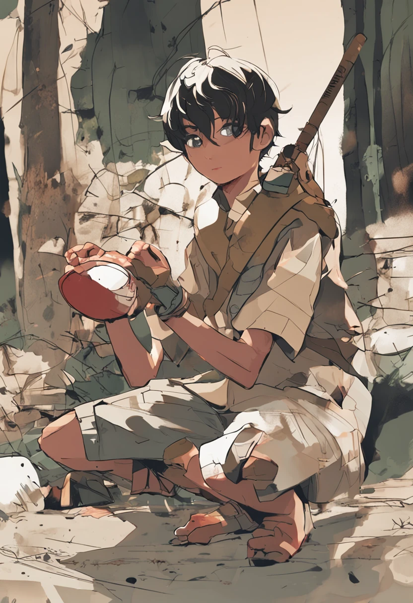 crie um desenho em forma de anime ou cartoon de menino de 8 anos,  with a palette of paintings in one hand and a brush in the other hand, saindo cores do pincel, imagem realista