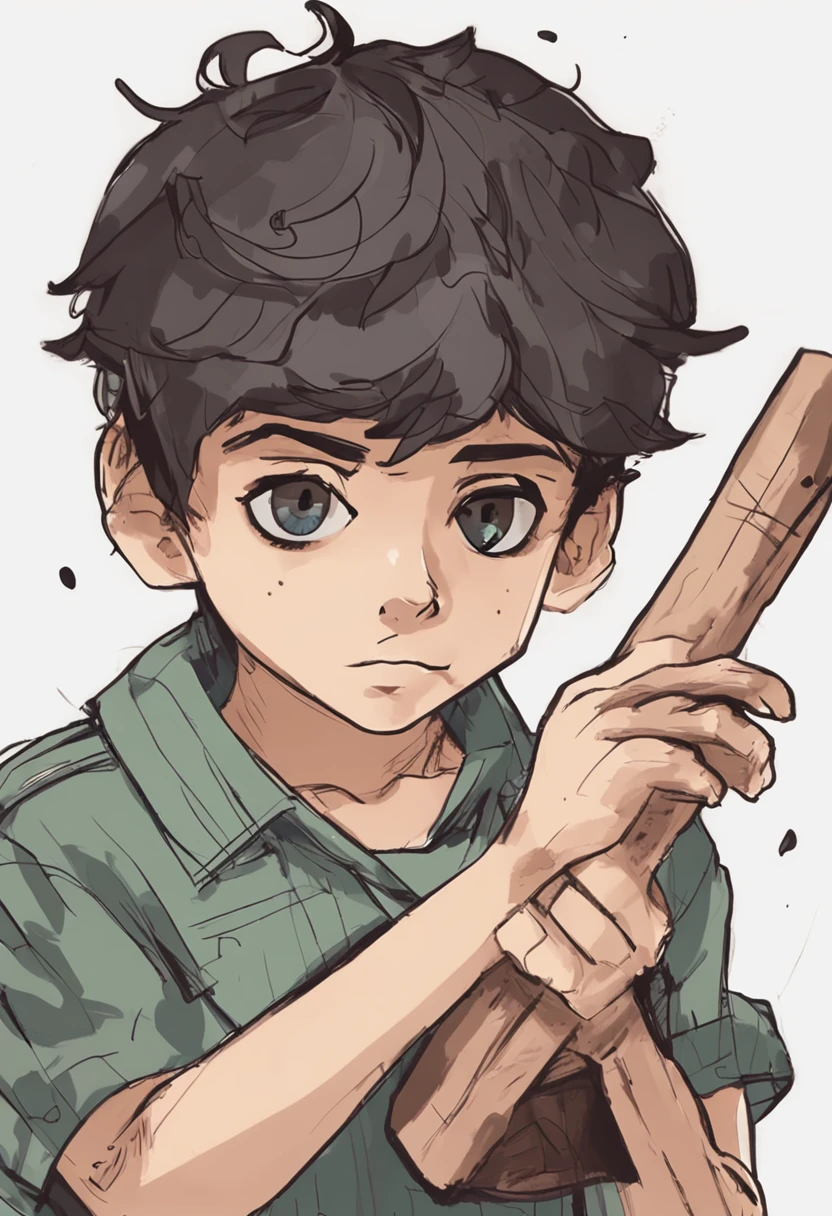 crie um desenho em forma de anime ou cartoon de de 8 anos, with a palette of paintings in one hand and a brush in the other hand, saindo cores do pincel, imagem realista