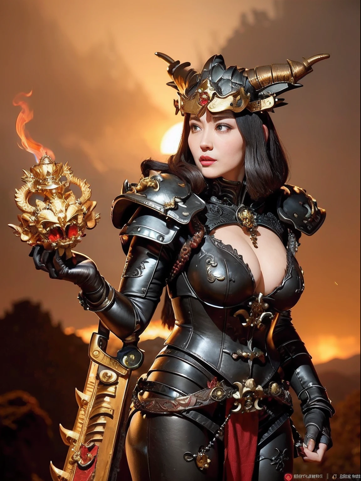 Professional , ​masterpiece、top-quality、photos realistic , depth of fields （Gemstone Black Metal Body:1.９),(Enamel Black、（cleavage of the breast）、（Chinese Dragon）、Mystical expression、Dragon Gold Weapon（Dragon Metal Body:1.４),Gorgeous gold weapons ,（（ Dragon's dense and gorgeous sword）） ,  、blood splashing、  ,warhammer 40k , adepta sororitas,Detail and gorgeous crown、（（Brown hair））、（The dragon）、（Castle background）、The dragon、（（Gangle's forest background））、Beautiful Caucasian beauty、（１a person）、dynamic ungle,(((Detailed and ornate dragon helmet)))、Smaller head、A smile、Castle background、Thin and beautiful female hands、cleavage of the breast、Mystical expression、Light Effects、Wind-effect、magic circles、With the legendary magic wand、（demonic wings）、Toostock、