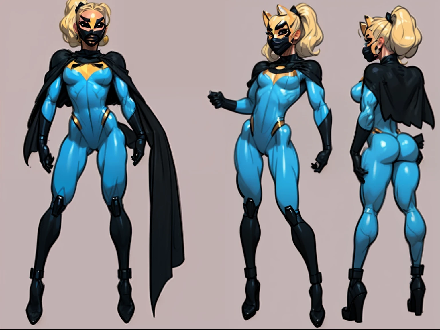 ((masterpiece)),(((best quality))),((character design sheet)), ((full body view)) illustration,1girl, muscular, ((blue bodysuit:1.5)), (masked face:1.6) (black mask:1.6) superhero, (black ponytail:1.4), (puffy lips:1.6) (black cape:1.4) beautiful woman, (small breasts:1.3)(black legs:1.3)shiny skin, (gold emblem on chest:1.2),scribbles and marks, rough sketches, pose, 8k,16k, (simple background, white background: 1.3)