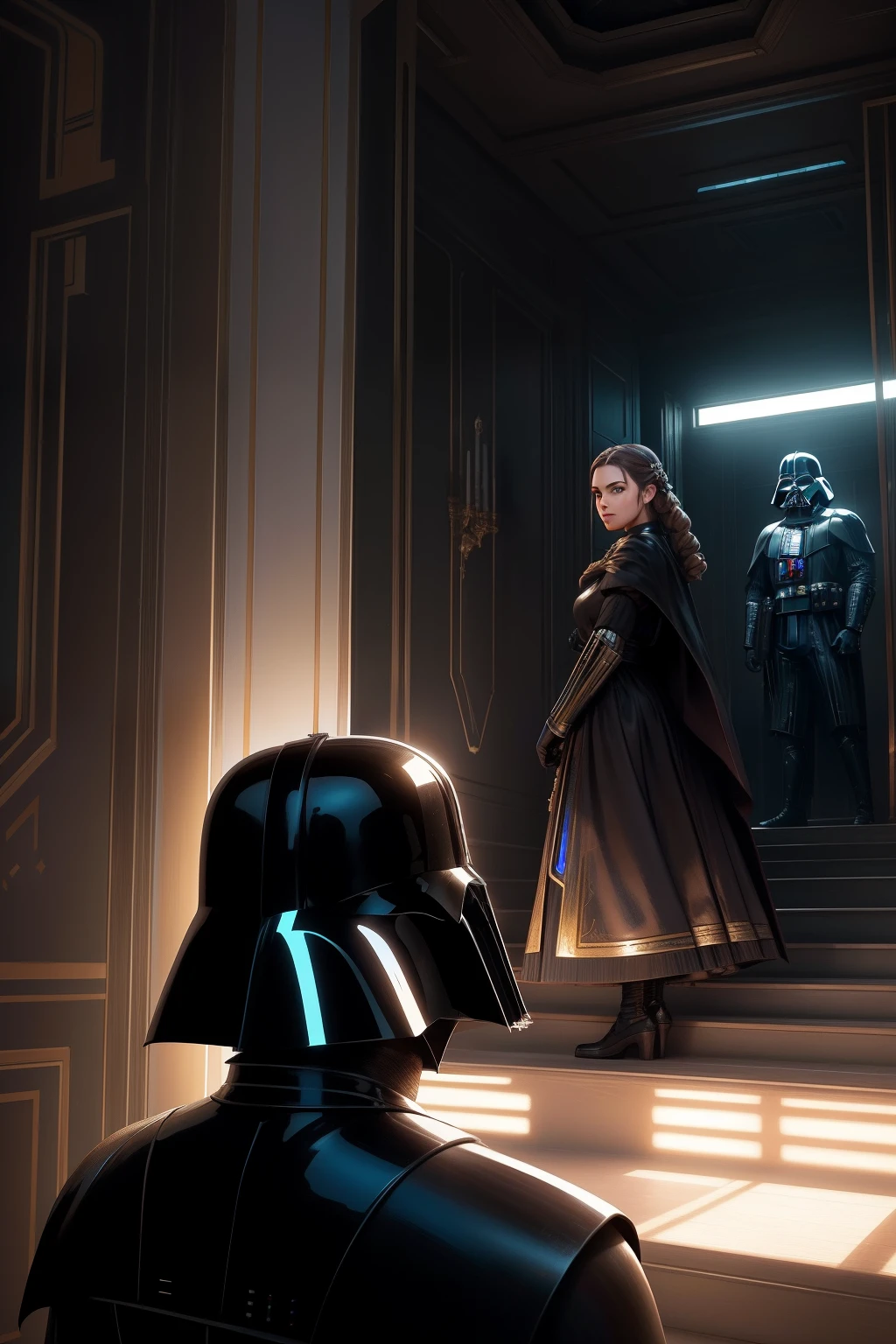 dart vader and padme amidala and ilya kuvshinov and martin puryear and alex konstad and pino daeni and dan mumford, global illumination, radiant light, detailed and intricate environment, 8 k, h 6 4 0
