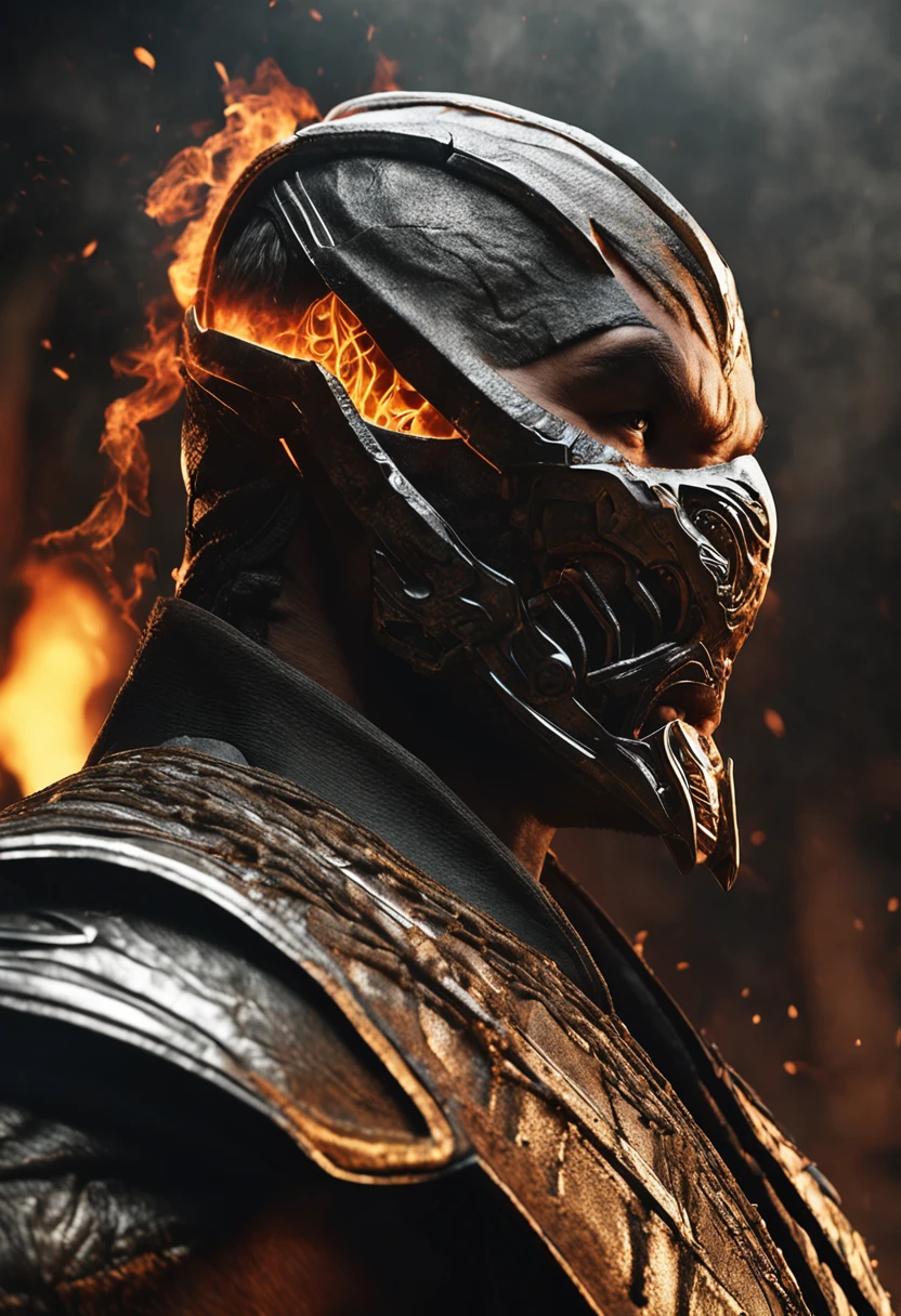 A cinematic marvel: Mortal Kombat's Scorpio Emerges in Ultra Hyper-Realistic Glory in Unreal Engine 5, adornado em um resplandecente traje moderno real que brilha com intrincados fios dourados e tecidos texturizados luxuosos. Seus olhos brilham como fogo, casting an unearthly glow while wielding flames in legendary combat, creating a mesmerizing spectacle of power and elegance. Cada detalhe, from the strands of his burning mane to the ethereal smoke that curled around him, is captured in stunning ultra-high 8K detail, transporting you to a realm where myth and reality intertwine."