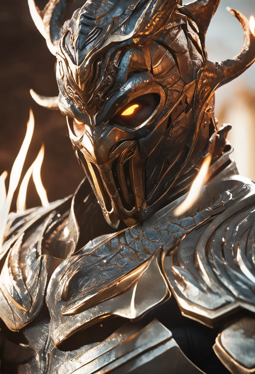A cinematic marvel: Mortal Kombat's Scorpio Emerges in Ultra Hyper-Realistic Glory in Unreal Engine 5, adornado em um resplandecente traje moderno real que brilha com intrincados fios dourados e tecidos texturizados luxuosos. Seus olhos brilham como fogo, casting an unearthly glow while wielding flames in legendary combat, creating a mesmerizing spectacle of power and elegance. Cada detalhe, from the strands of his burning mane to the ethereal smoke that curled around him, is captured in stunning ultra-high 8K detail, transporting you to a realm where myth and reality intertwine."