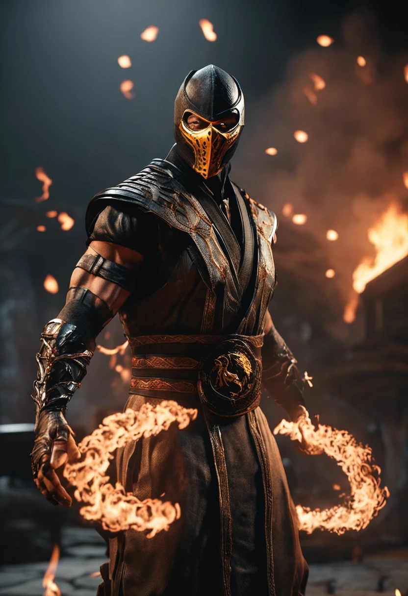 A cinematic marvel: Mortal Kombat's Scorpio Emerges in Ultra Hyper-Realistic Glory in Unreal Engine 5, adornado em um resplandecente traje moderno real que brilha com intrincados fios dourados e tecidos texturizados luxuosos. Seus olhos brilham como fogo, casting an unearthly glow while wielding flames in legendary combat, creating a mesmerizing spectacle of power and elegance. Cada detalhe, from the strands of his burning mane to the ethereal smoke that curled around him, is captured in stunning ultra-high 8K detail, transporting you to a realm where myth and reality intertwine."