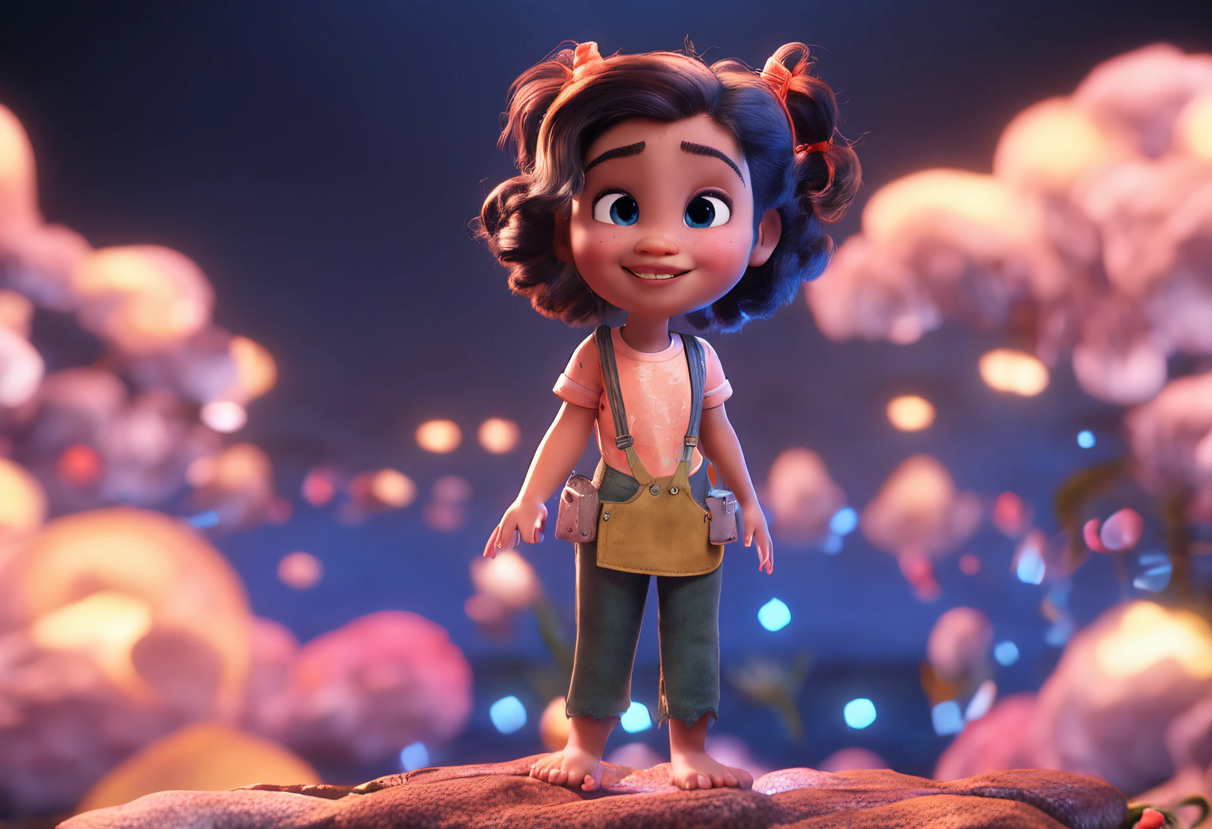movie picture quality，Disney animation，Disney animated films，Little girl sitting on a koi swimming in the clouds of the sky，Short hair and small braids，Denim suspenders，The barefoot，depth of fields，high light，Real light，Ray traching，oc rendered，Hyper-realistic，best qualtiy，8K，Works of masters，super-fine，Detailed pubic hair，Correct anatomy，sharp focus on eyes，Bokeh，Facial features are carefully depicted