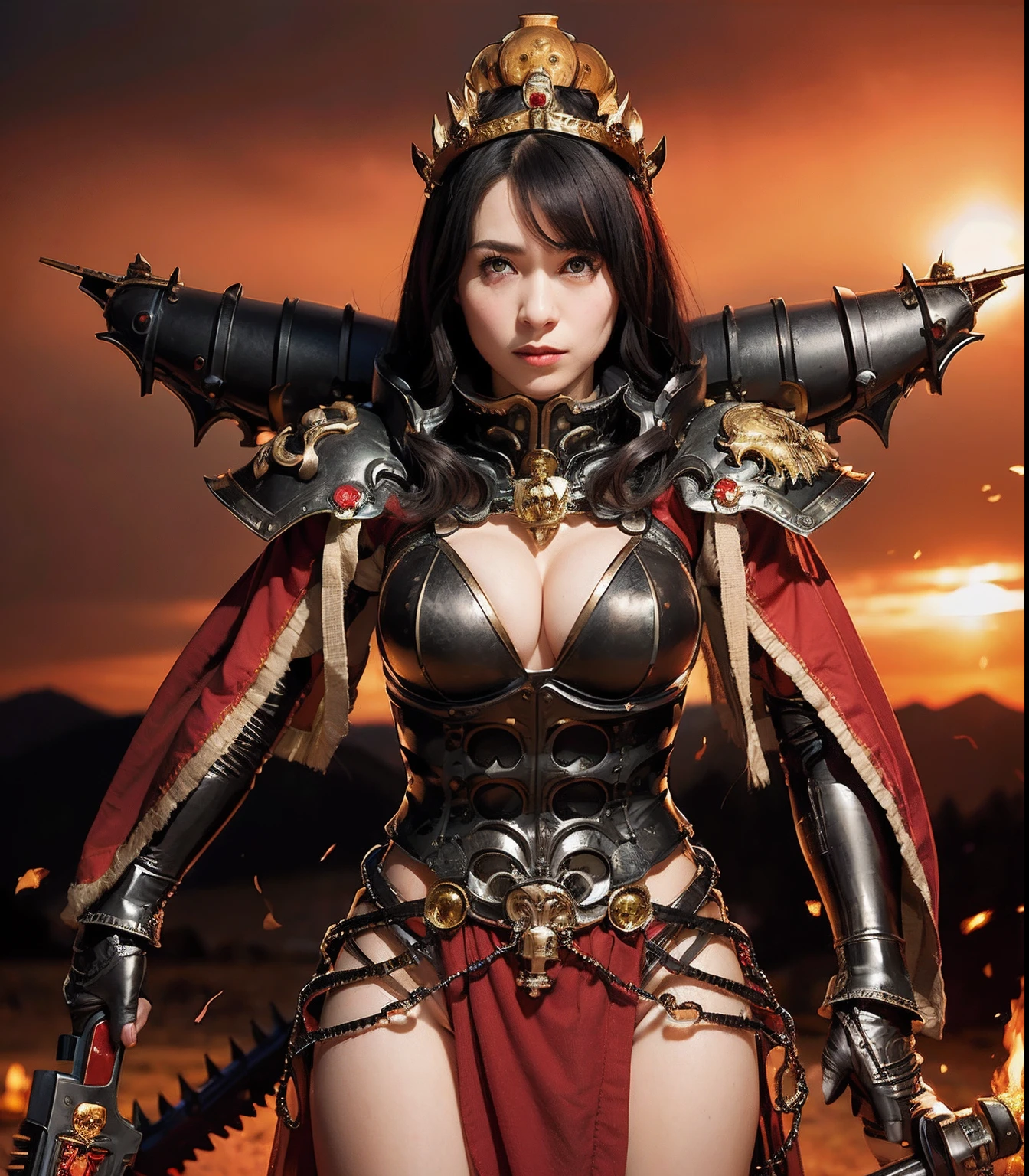 (masutepiece), Professional , masterpiece、top-quality、photos realistic , depth of fields (Dragon Black Metal Body:1.9),(Matte Black、(cleavage of the breast)、(Shout with your mouth wide open)、Dragon Gold Weapon、(bikini-armor),Gorgeous gold weapons ,(( Dragon's dense and gorgeous sword)) , Beautiful knife ,warhammer 40k , adepta sororitas,Detail and gorgeous crown、((Red hair))、(Castle background)、The dragon、((Gangle's forest background))、Beautiful Caucasian beauty、(1a person)、dynamic ungle,(((Detailed and ornate Black Devil Crown)))、Smaller head、Strange smile、Castle background、Thin and beautiful female hands、cleavage of the breast、Soldier in iron armor on background、Mystical expression、Light Effects、intense fighting、Wind-effect、magic circles、With the legendary magic wand、(demonic wings)、