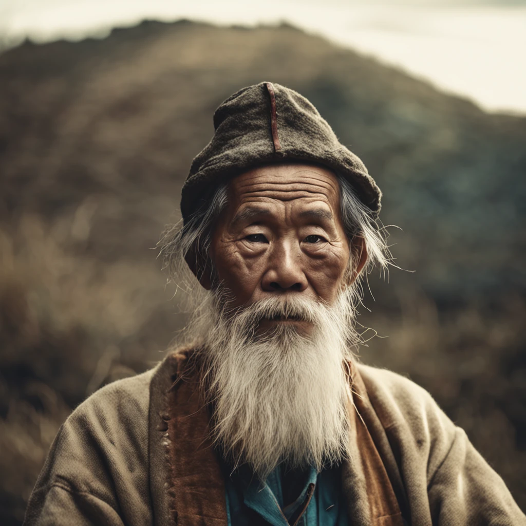 Old man, big white beard, sitting on tree stump, thoughtful and lost look, wise old Chinese. Realistic image, isolated place.