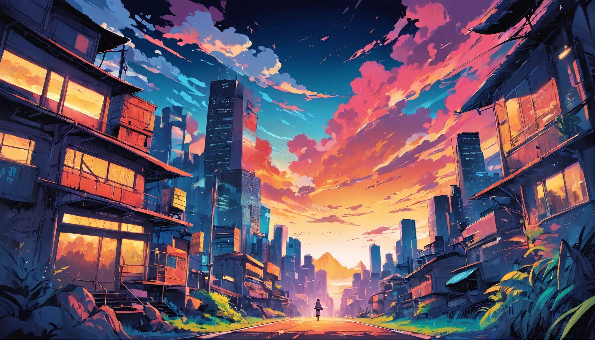 landscape surrounded by vibraprint ready vector t-shirt design, professional vector, high detail, t-shirt design, graffiti, vibrant, nt, cityscape.