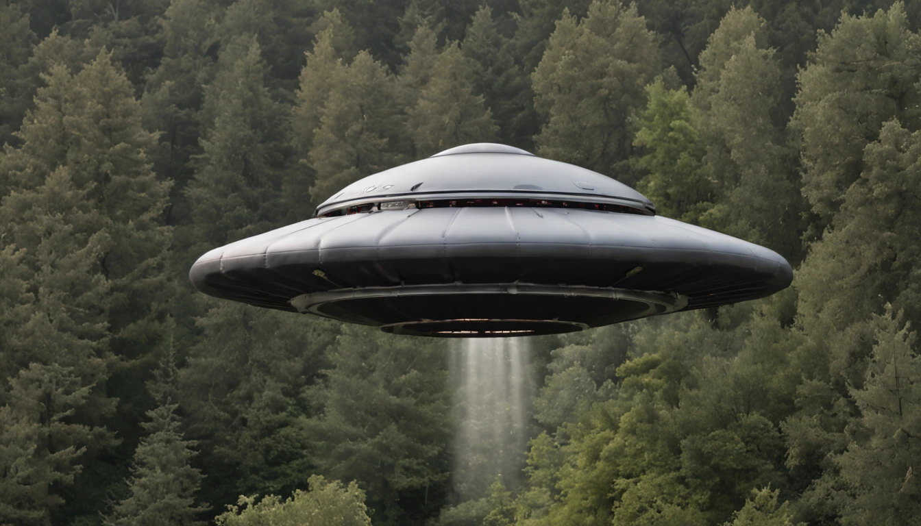 Una nave UFO flotando en el aire sobre un paisaje de bosque y granja.