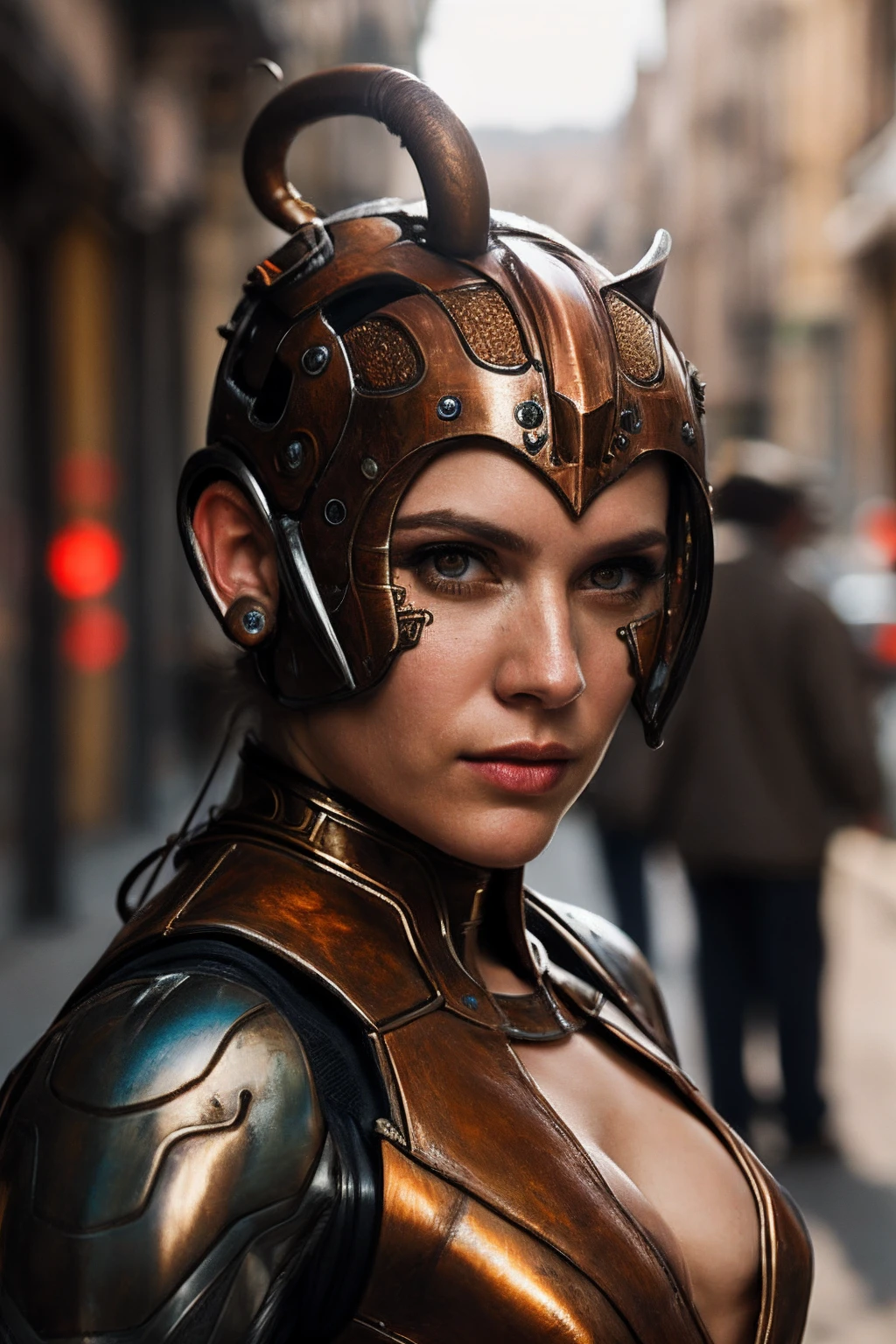 Portrait of Minotaur metal gear alien in metal suit, ((light bokeh)), intricate, (steel metal [rust]), elegant, sharp focus, photo by greg rutkowski, soft lighting, vibrant colors, (masterpiece), ((streets)), (detailed face:1.1), eye iris