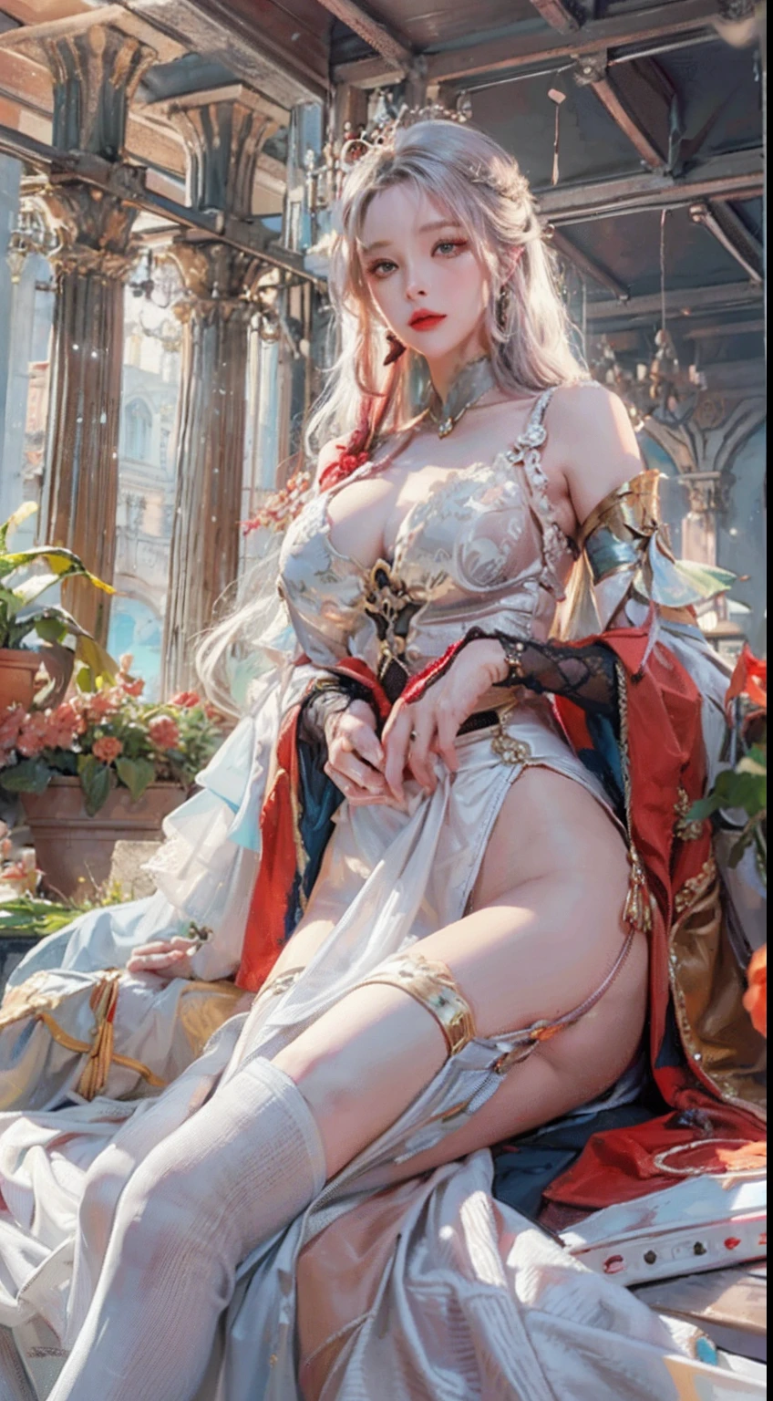 Ultra realistic 8K CG, Picture-perfect face, flawless, clean, masutepiece, Professional artwork, famousartwork, Cinematic lighting, Cinematic bloom, Perfect face,(年轻:1.2)(Voluptuous),((20yr old)), Beautiful face, Beautiful eyes,(:1.1), (((Perfect female body, Narrow waist))), young princess, royal, divine, Goddess, godlike, (the royal palace), Fantasy, Dreams, Unreal, Science fiction, (Normal breasts:1.2), Beautiful clothes, Lace, Lace trim, Lace-trimmed legwear, NSFW,, absurdly long hair, Very long hair, (Rich:1.4), Necklace, earrings, Bracelet, armlet, Looking at Viewer,(thong:1), (There are up to 5 fingers on the hand), (Red Lip), shenhe \(GenshinImpact\)
