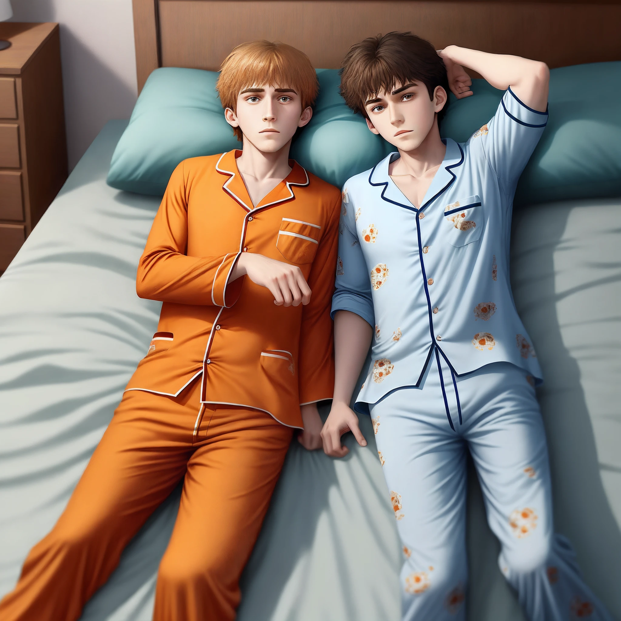 Lying on the bed, the one-meter-eight adult brother in orange pajamas and the one-meter-five underage brother in blue pajamas