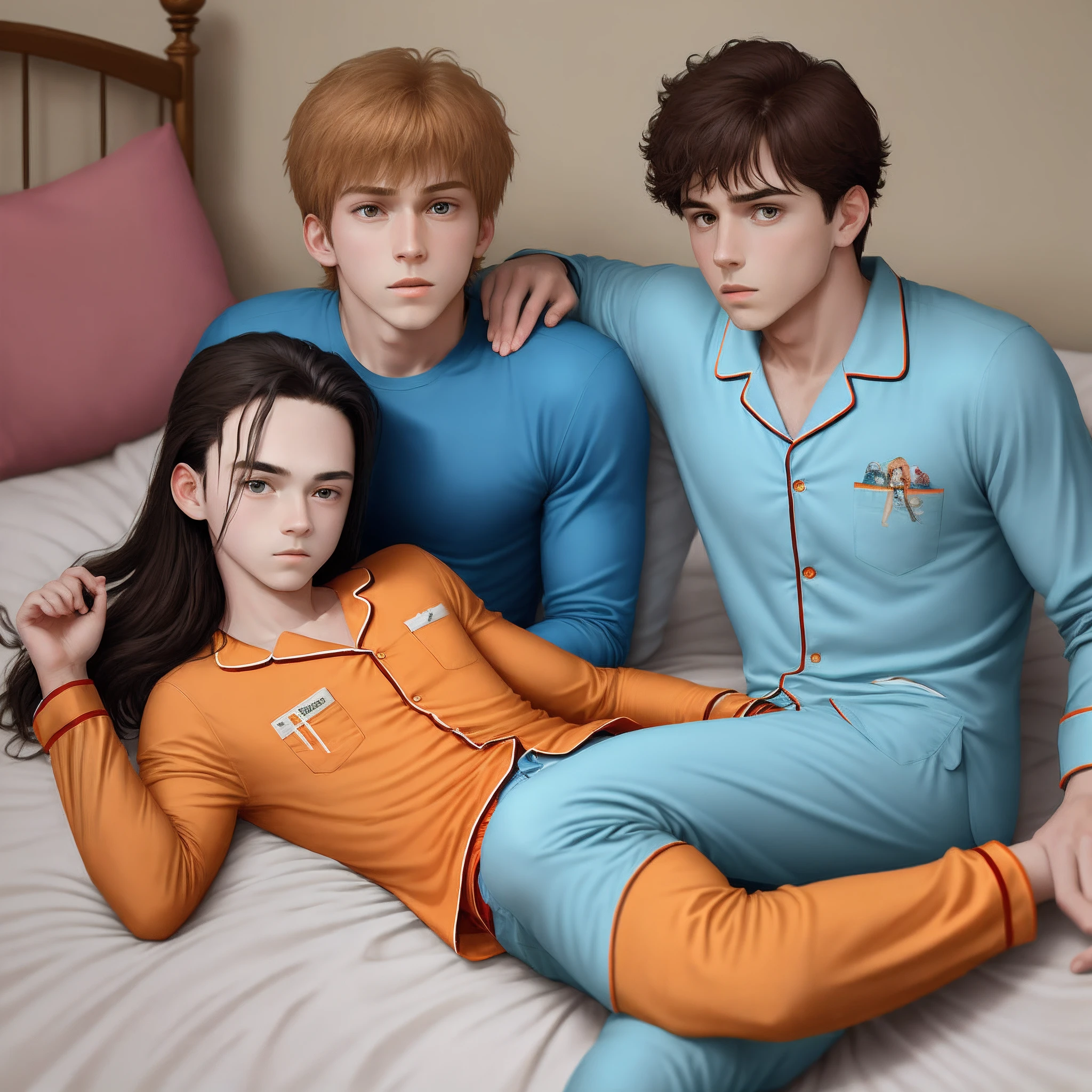 Lying on the bed, the one-meter-eight adult brother in orange pajamas and the one-meter-five underage brother in blue pajamas