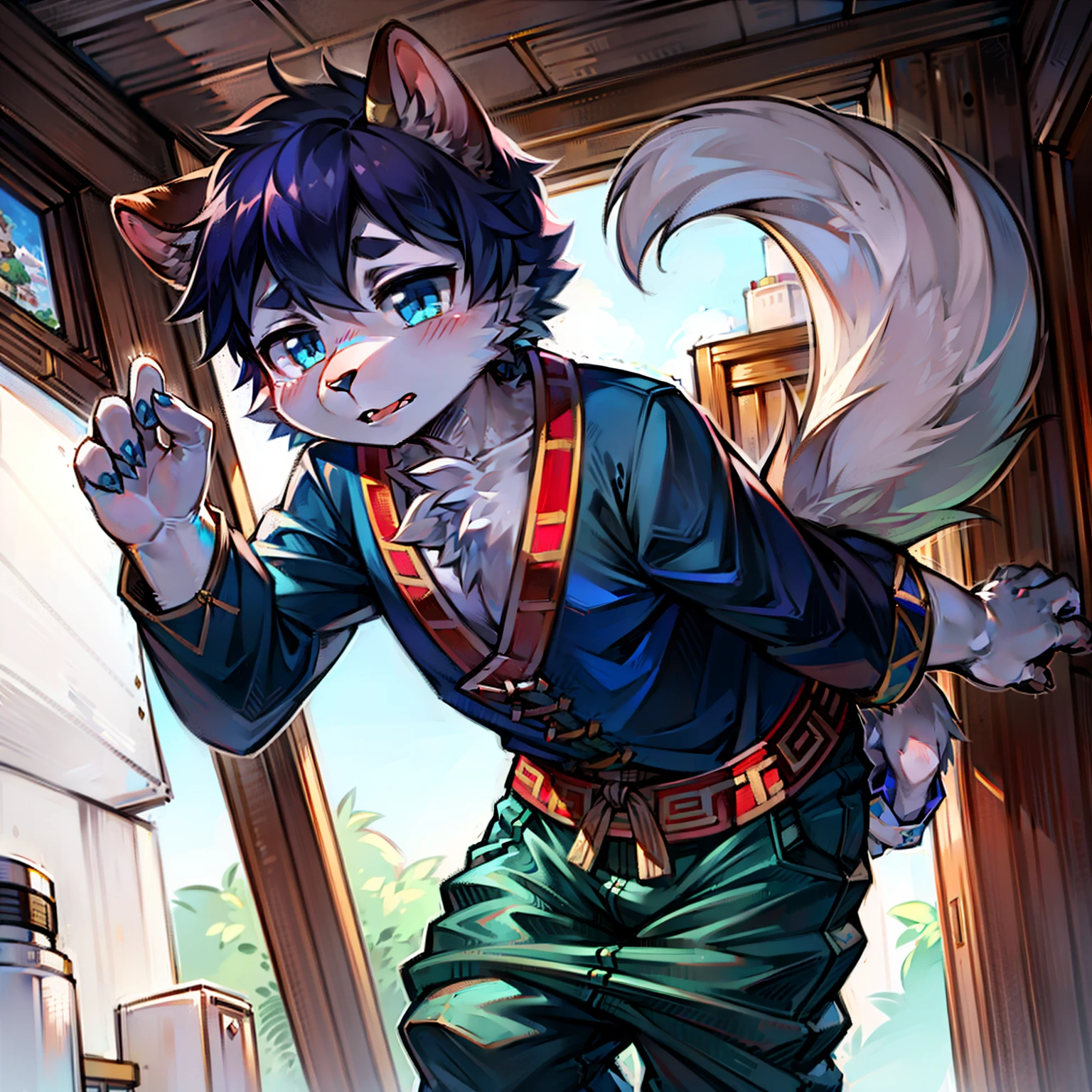 shaggy，furred，bodyfur，Line drawings，Squirrel rodents，Look ahead，Clothes are not revealing，Round ears，White fur，eBlue eyes，short detailed hair，Male Shota，Body forward，Wearing a white shirt and blue pants， Large pants, baggy pants, Han costumes, Traditional Han costume, monk clothes, Pants, Blue pants, with acient chinese clothes