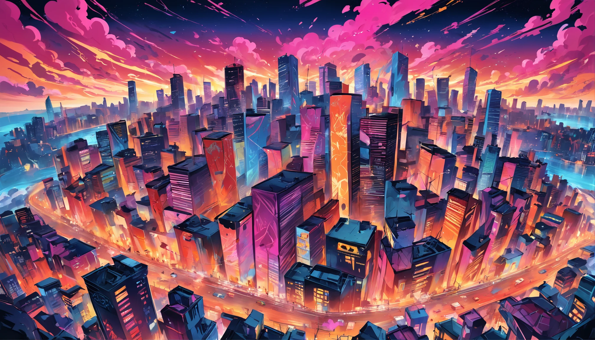"vibrant cityscape with high detail, surrounded by vibraprint-ready vector graffiti t-shirt design."