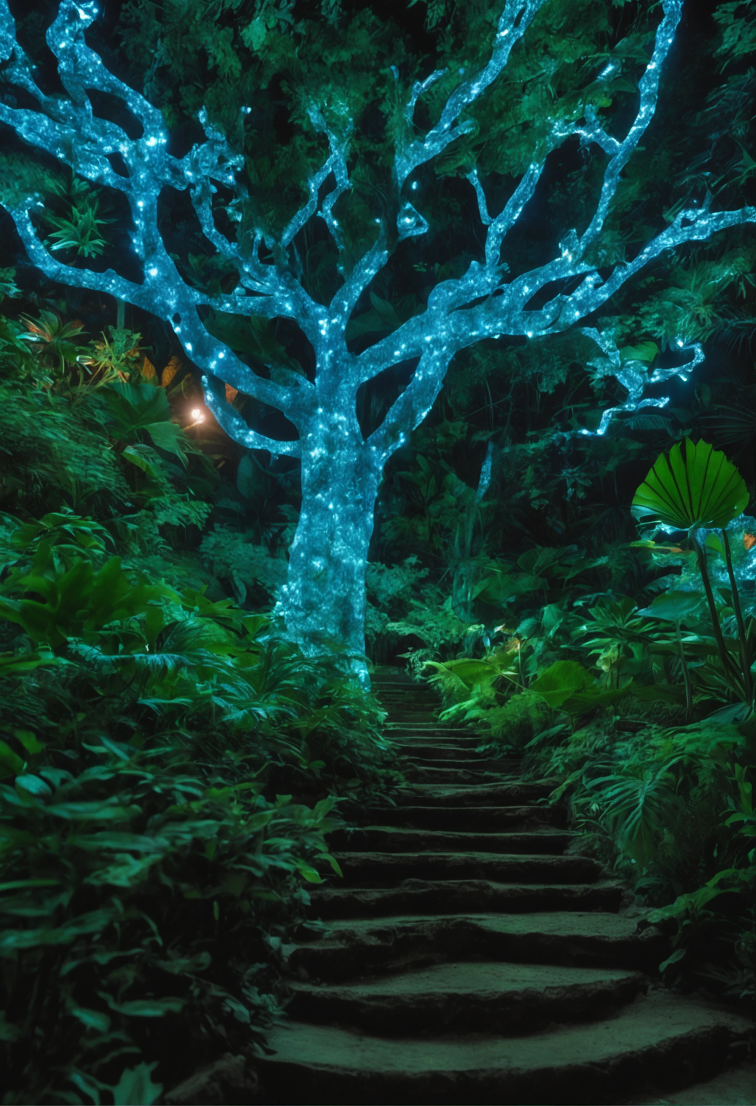 Um jardim futurista de plantas bioluminescentes que brilham em tons vibrantes de azul e verde. No centro do jardim, There is a magnificent tree with leaves that look like they are made of glass. An enigmatic figure is sitting at the foot of the tree, lendo um livro com runas antigas.