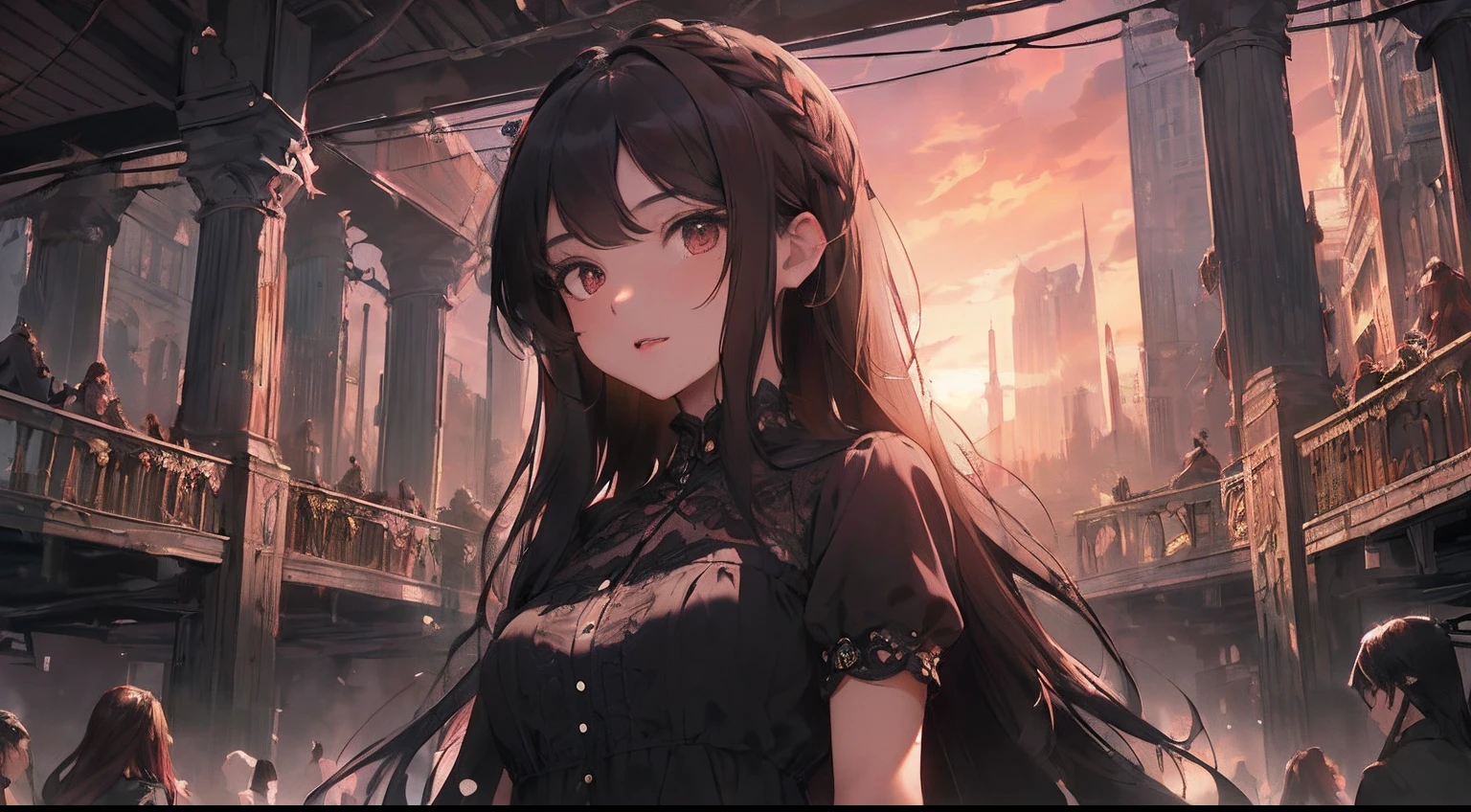 (masterpiece, Beautifully detailed details, of the highest quality),1girl , Singing , Front view, (Look straight at me）, Arms Down, Black hair, Long hair, Black Dress, Short sleeves, Red-brown eyes, mournful, dystopian, Degenerate cities, underground city, Dark, Sunset, The upper part of the body, beautiful detailed eyes, detailed mouth