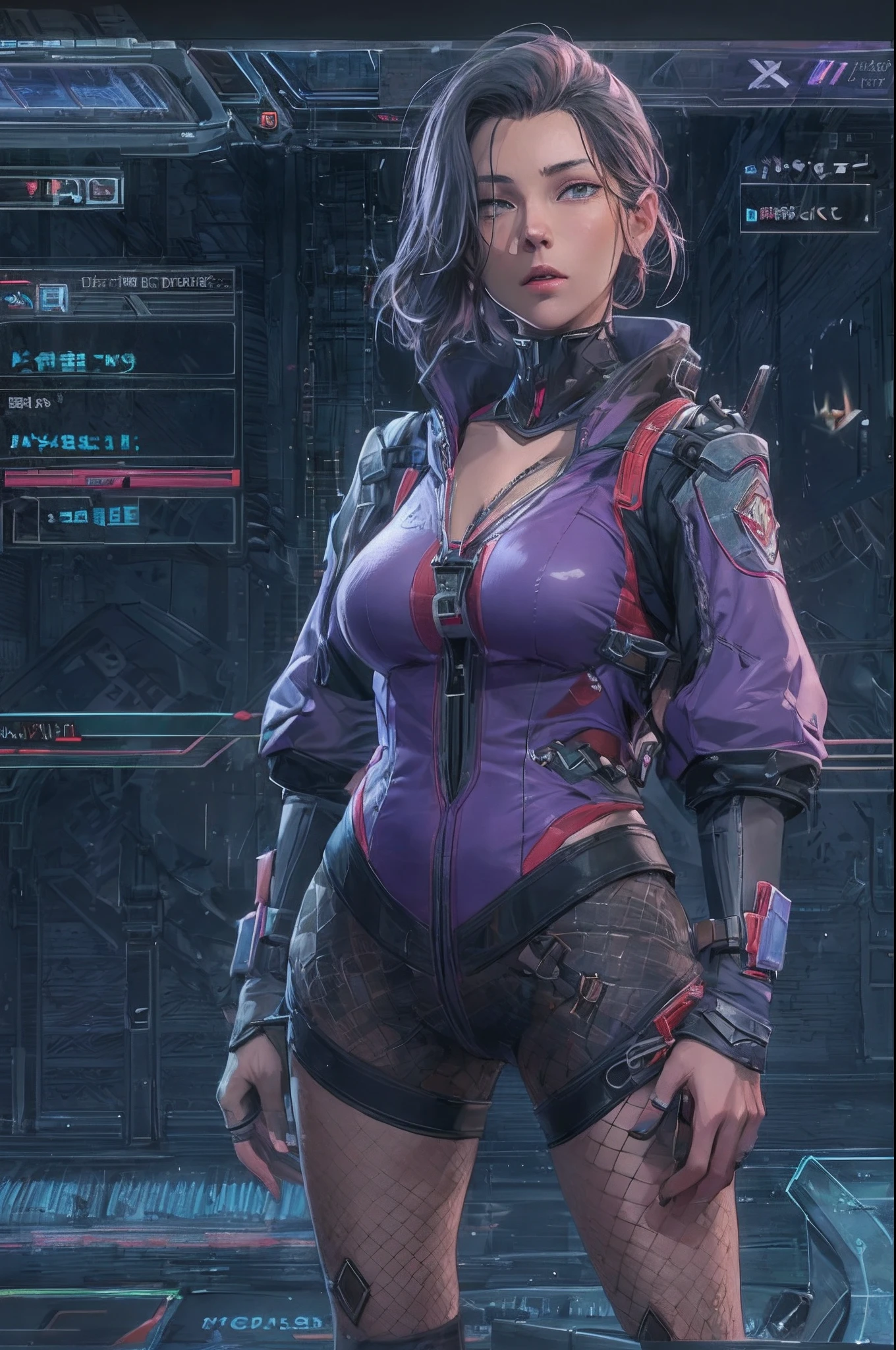 a close up of a woman in a purple outfit standing in front of a screen, a screenshot by Josetsu, polycount, process art, pc game with ui, full character, main character, in game, 8 k character details, leaked image, in-game, in - game, inventory item, screencapture, hd screenshot, new character, ingame image
