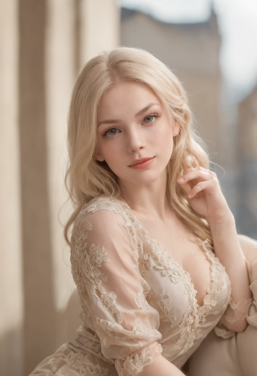 Realistic, blonde hair, rabo-de-cavalo, maquiagem, sorriso maligno, Shy, Surrealismo, High detail, profundidade de campo, Cinematic lighting, reflection light, luz brilhante, UHD, retina, master part, ccurate, pele texturizada, Super Detalhe, alta qualidade, Detalhes altos, melhor qualidade, Premiado, Altas. A photo of the sexy Ukrainian girl sitting in a train station, wearing a sexy office uniform. Looking at the Viewer. clivagem exposta.