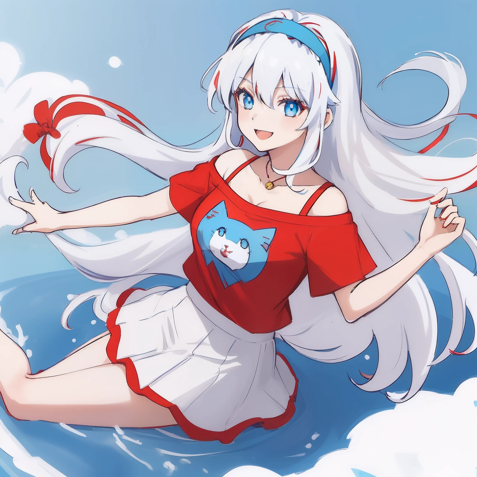 ((((1 woman)))), fullbody, cat logo tee, red tee, off shoulder tee, red necklace, white tutu skirt, ((((white hair)))), ((((blue eyes)))), long hair, happy, smile, 18 year old, dynamic angle, ((((blue hairband)))), beautiful detailed sky