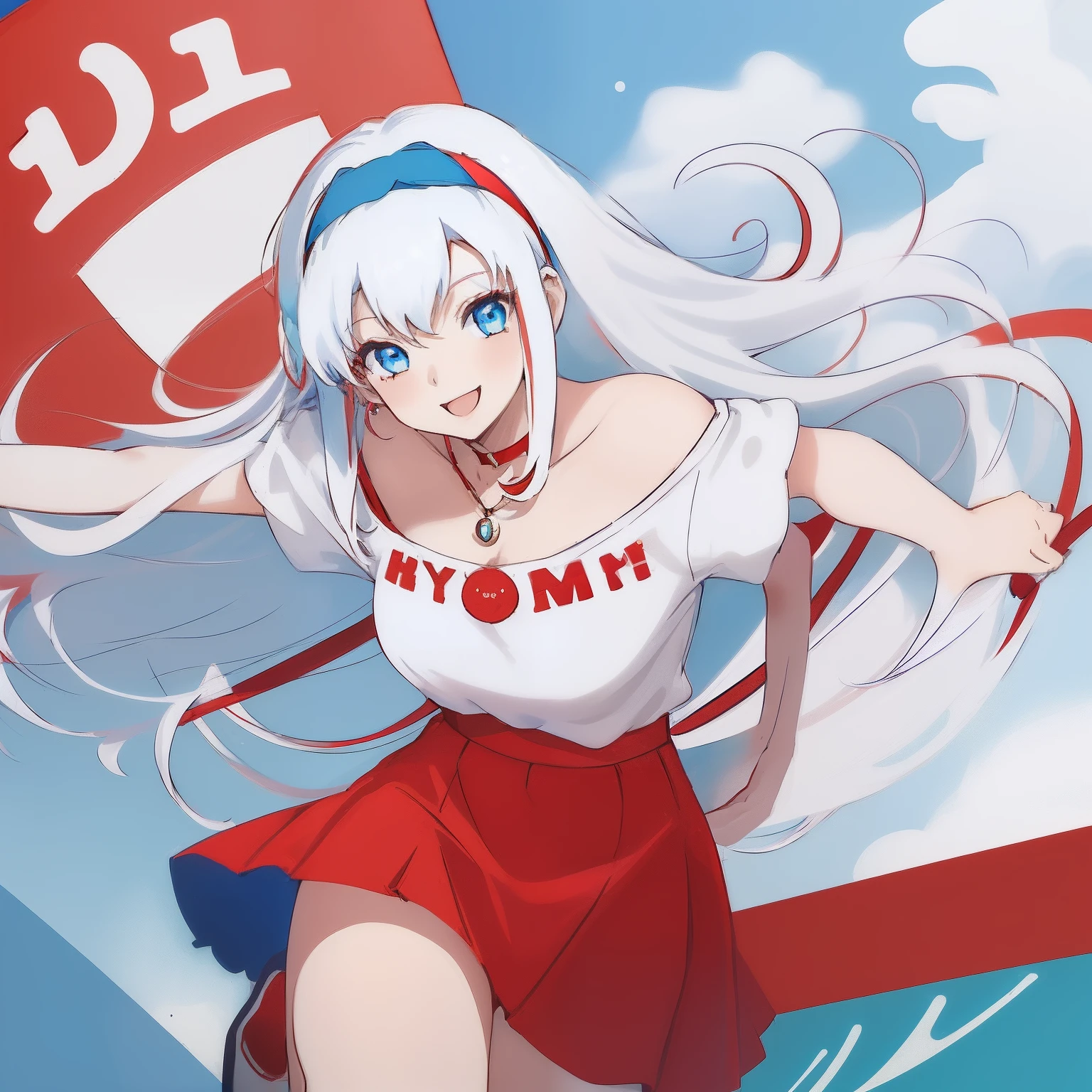 ((((1 woman)))), fullbody, cat logo tee, red tee, off shoulder tee, red necklace, white tutu skirt, ((((white hair)))), ((((blue eyes)))), long hair, happy, smile, 18 year old, dynamic angle, ((((blue hairband)))), beautiful detailed sky