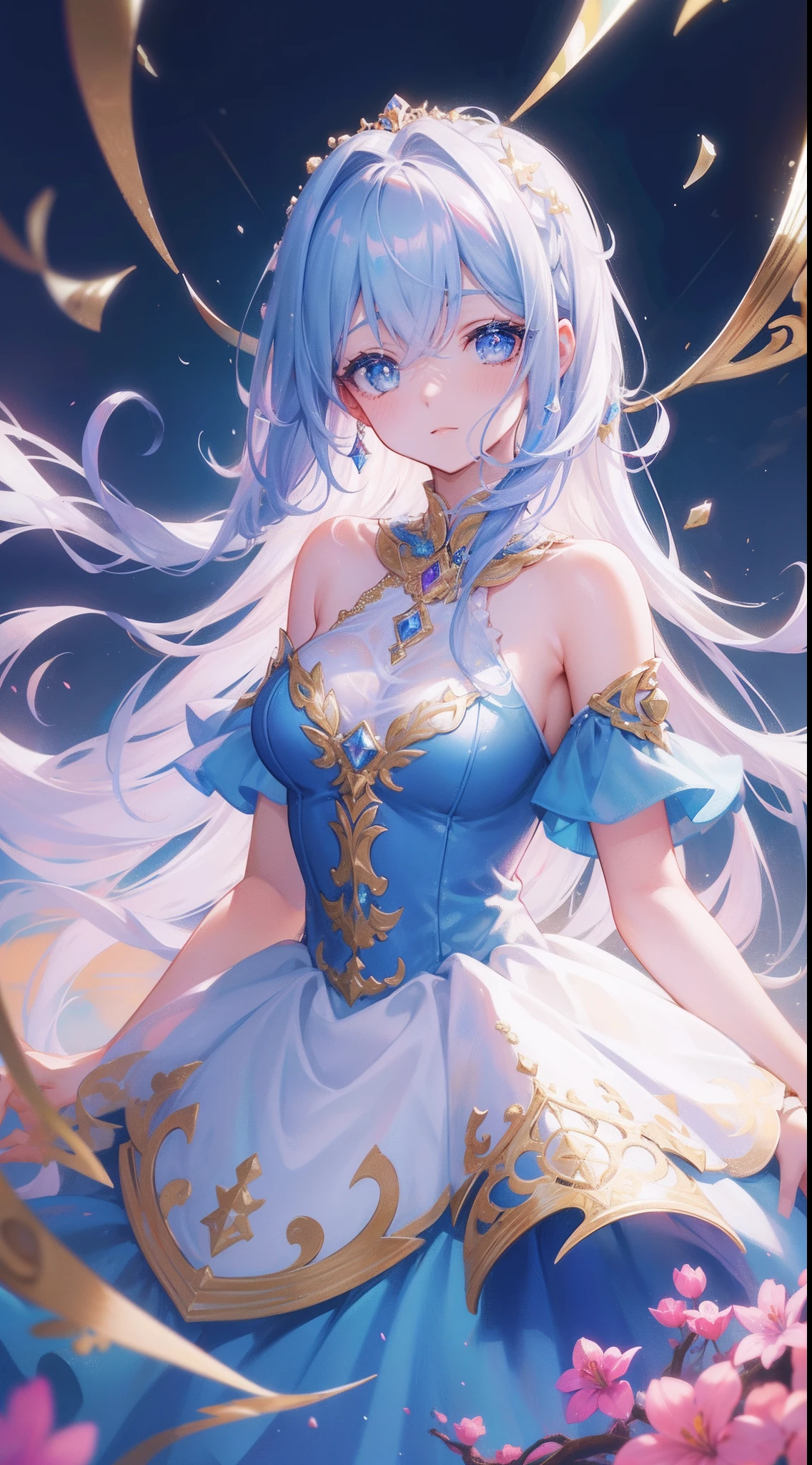 ((Highest quality)),(Ultra-high resolution),Deep blue rose dress,Highly detailed CG Unity 8k wallpaper, Cool, lots of Earrings, Earrings, Blue hair, Curly Hair, Blunt bangs, Straight bangs, Blue eyes, White skin, Gal, Improve、Flat Chest、Reduce exposure