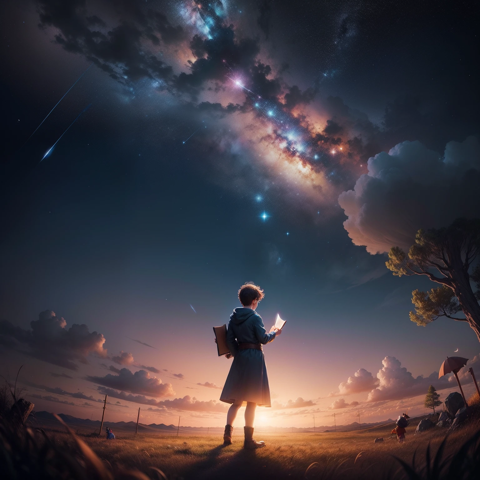 Create an image that depicts the magical moment when the stories invented by the kid intertwine with reality. He is standing in an open field at night, holding a book while watching the stars. Story scenes unfold around you, with characters coming to life and interacting with the real environment in a subtle and charming way