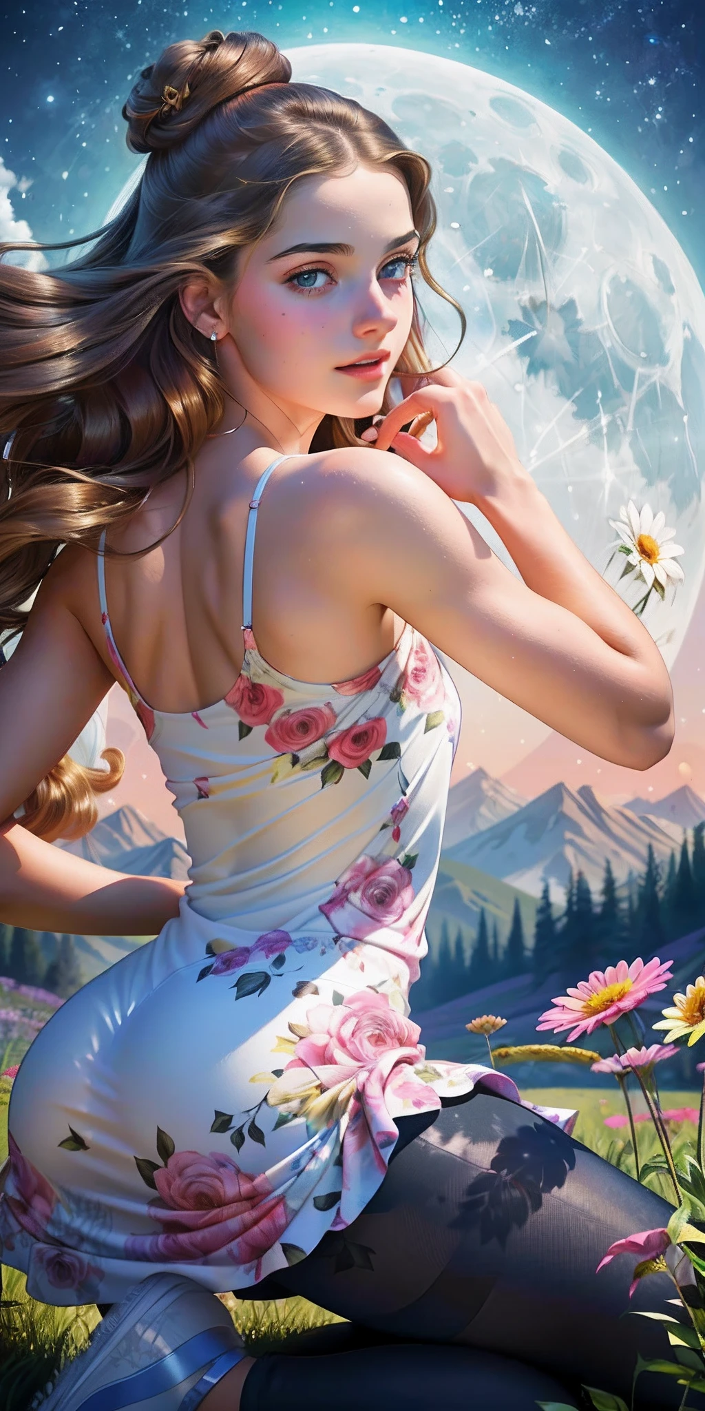 a detailed photo of Emma Watson in a sheer colorful gown without underwear, strolling through a candy land garden in full bloom on a moonlit night, sultry poses, mainly viewed from behind, best quality,4k,8k,highres,masterpiece:1.2,ultra-detailed,realistic,photo-realistic:1.37,HDR,UHD,studio lighting,ultra-fine painting,sharp focus,physically-based rendering,extreme detail description,professional,vivid colors,bokeh,portrait