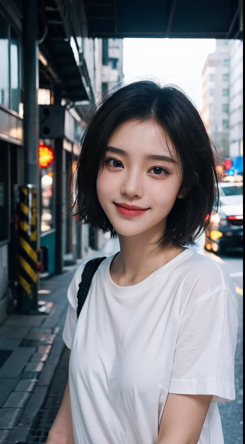 ​masterpiece、one beautiful women、A detailed face、A detailed eye、Detailed skin、top-quality、japanes、Illuminated from the front with bright lighting、profetional lighting、Always face straight ahead、The background is a little blurry、24 year old、In the background, there are many PC monitors lined up and the wiring is bare.、Streets lined with cyberpunk buildings、Wearing a rock and punk t-shirt、a smile、short-cut、Band Girl、