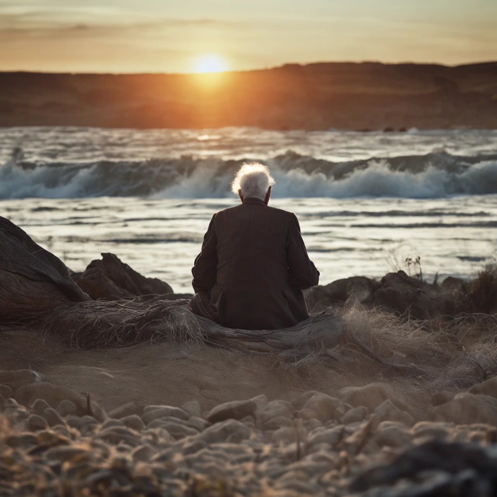 Old man, big white beard, sitting on tree stump, thoughtful and lost look, wise old man. Realistic image, isolated place.