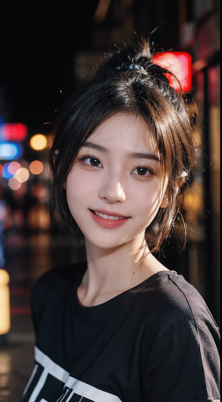 masterpiece、one beautiful women、A detailed face、A detailed eye、Detailed skin、top-quality、japanes、Illuminated from the front with bright lighting、profetional lighting、Always face straight ahead、The background is a little blurry、24 year old、In the background, there are many PC monitors lined up and the wiring is bare.、Streets lined with cyberpunk buildings、Wearing a rock and punk t-shirt、a smile、short-cut、Band Girl、