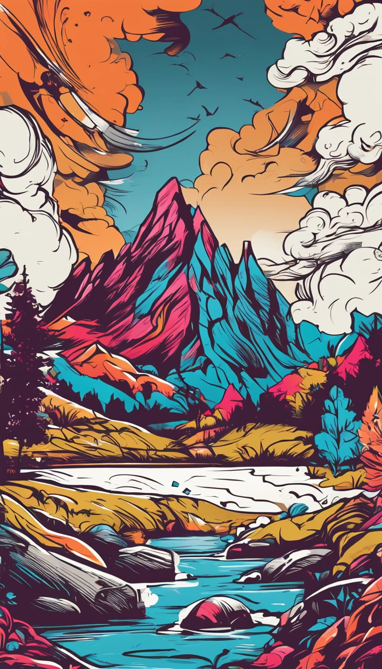 landscape surrounded by vibraprint ready vector t-shirt design, professional vector, high detail, t-shirt design, graffiti, vibrant, nt, cityscape.