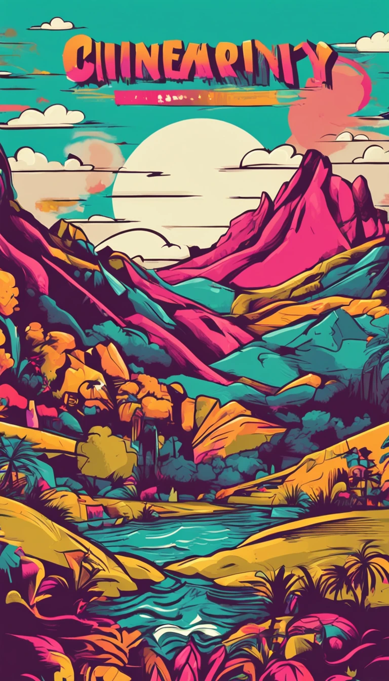 landscape surrounded by vibraprint ready vector t-shirt design, professional vector, high detail, t-shirt design, graffiti, vibrant, nt, cityscape.