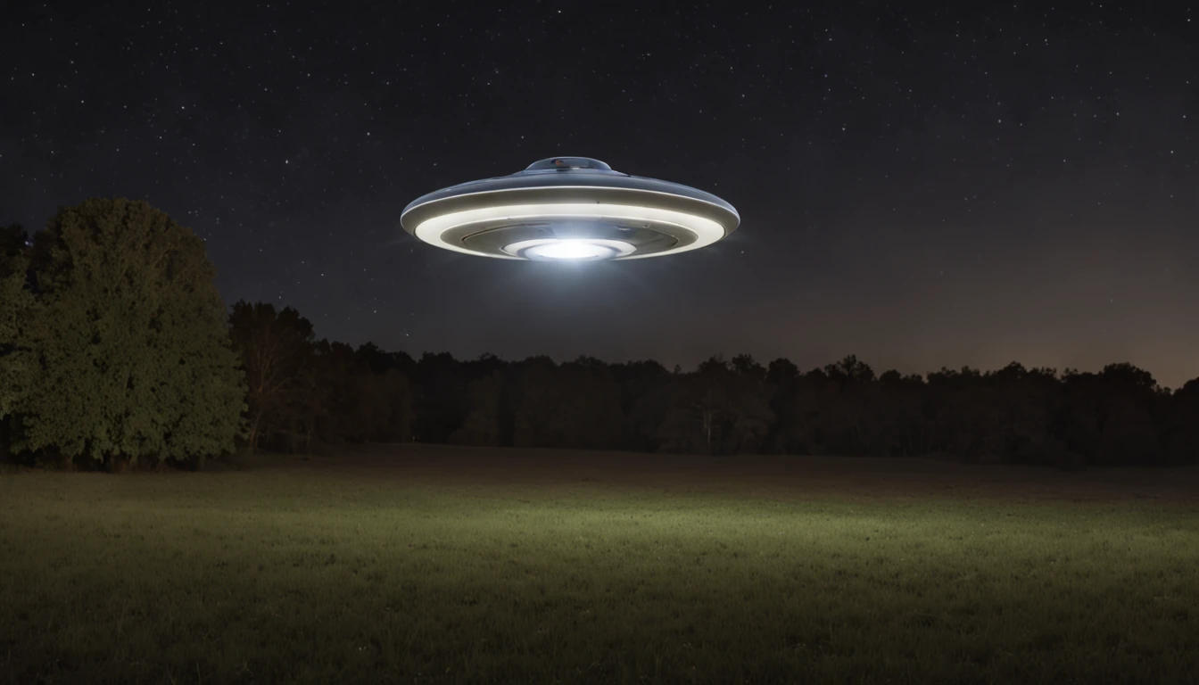 una nave ufo flotando en el aire se ve a lo lejos sobre un paisaje de bosque y granja en la noche