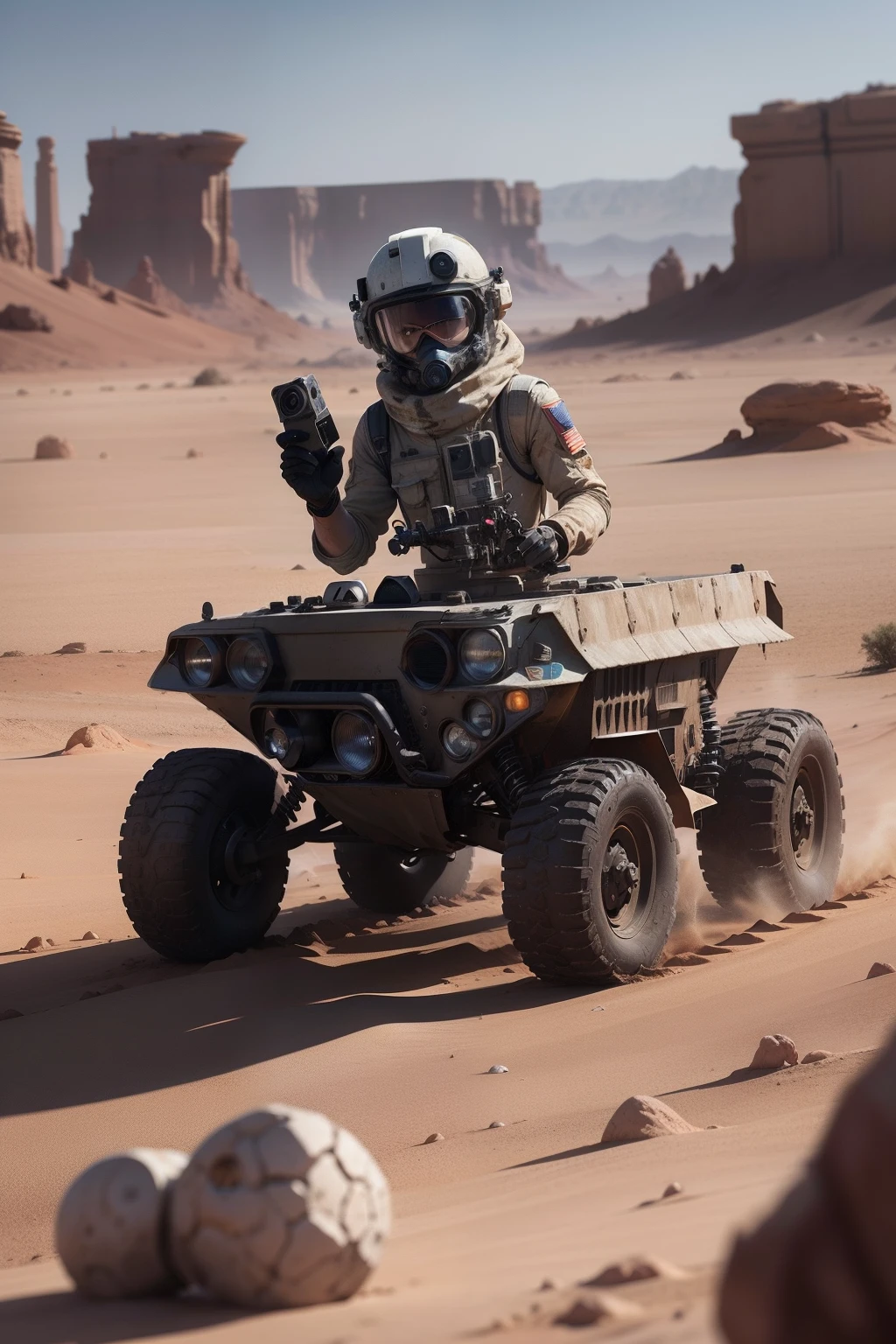 arafed view of a rover on a barren surface with a camera, selfie photography, tone mapping, posing in disguise among humans, protagonist in foreground, dirty laboratory, highly photographic render, taking a selfie, panoramic, four arms, awarded photograph, gpu, photo of