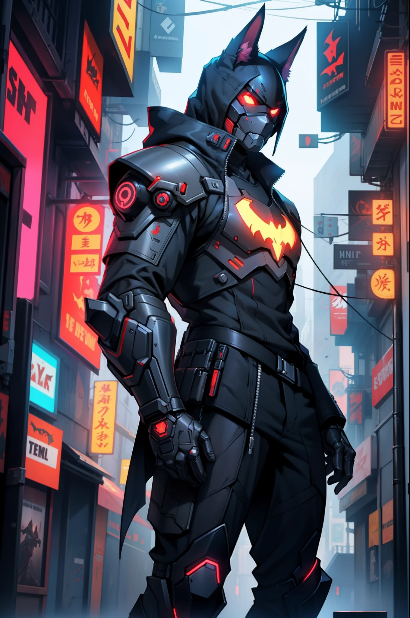 Black and red Batman jackal in suit with sword and armor in a city, Caracal Cyborg, Ein anthropomorpher Cyberpunk-Fuchs, Cyberpunk-Held, Cyber-Kampfrüstung, Cyberpunk-Ritter, Dressed in cyber armor, The Knight of Golden Cyborg Armor, Trend auf ArtStation, Cyber Armament, Cyber-Anzug, Cyber Armament, als Overwatch-Charakter, Auf ArtStation HD im Trend