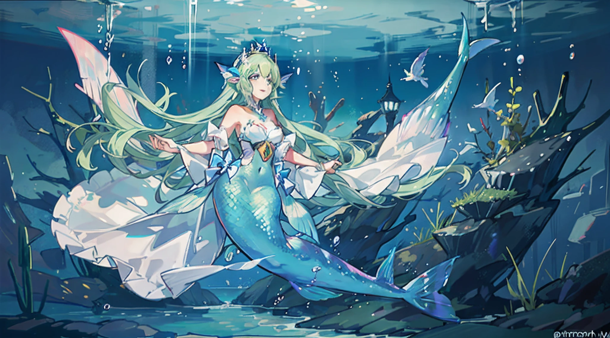 anime - style illustration of a mermaid with a fish tail, trending on artstation pixiv, goddess of the ocean, goddess of the sea, water fairy, pixiv, mermaid, pixiv contest winner, pixiv style, digital art on pixiv, beautiful mermaid, trending on pixiv, pixiv trending, at pixiv