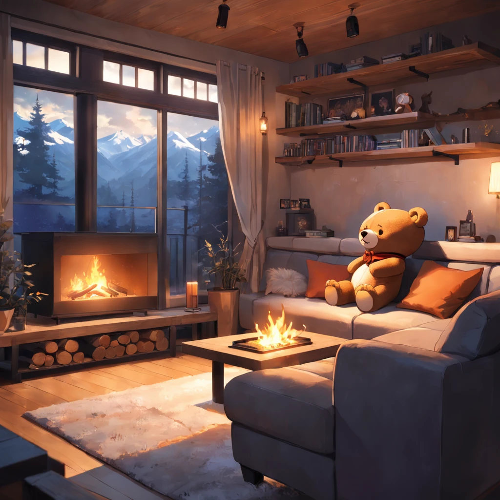 a close up of a living room with a teddy bear dancing, wearing head phones, modern rustic, warm living room, integrated in the mountains, cozy living room, cozy living room interior, cozy contemporary living room, sitting in rural living room, warm interiors, warm interior, cozy living room background, soothing and cozy landscape, fire place roaring, fireplace, warm fireplace,