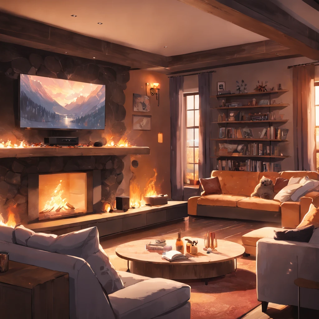a close up of a living room with a teddy bear dancing, wearing head phones, modern rustic, warm living room, integrated in the mountains, cozy living room, cozy living room interior, cozy contemporary living room, sitting in rural living room, warm interiors, warm interior, cozy living room background, soothing and cozy landscape, fire place roaring, fireplace, warm fireplace,