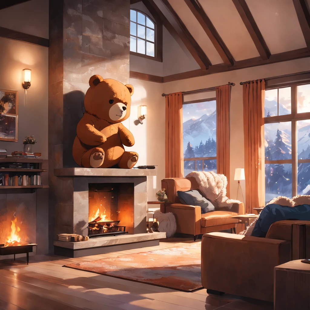 a close up of a living room with a teddy bear dancing, wearing head phones, modern rustic, warm living room, integrated in the mountains, cozy living room, cozy living room interior, cozy contemporary living room, sitting in rural living room, warm interiors, warm interior, cozy living room background, soothing and cozy landscape, fire place roaring, fireplace, warm fireplace,